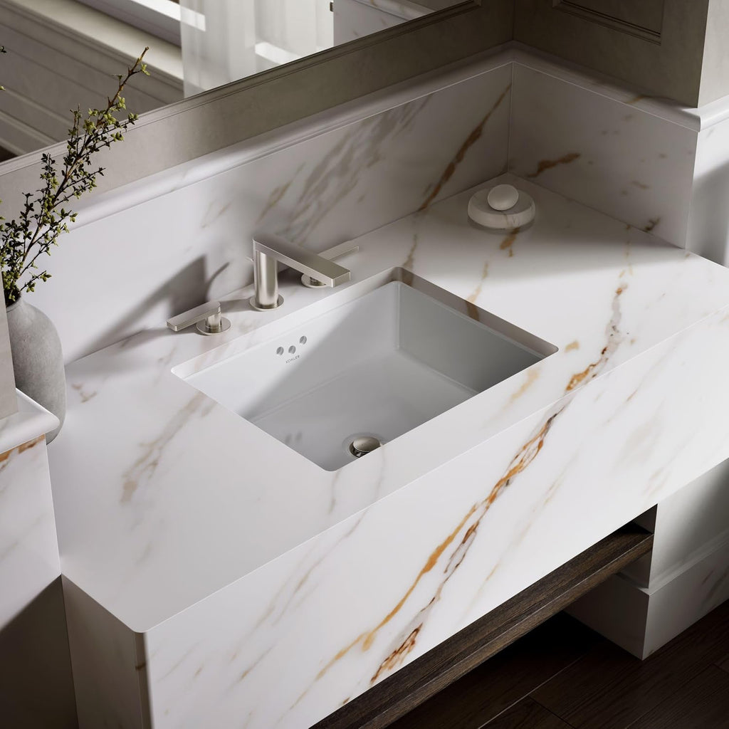 KOHLER K-2330-0 Kathryn 19-3/4' Rectangular Under-Mount Bathroom Sink, Vitreous Lavatory Vanity Sink with Overflow, No Faucet Holes, White