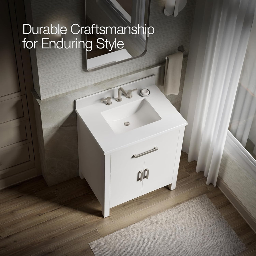 Kohler Kresla 30 Inch Bathroom Vanity Cabinet with White Single Sink and Quartz Top, Modern Bathroom Storage, White
