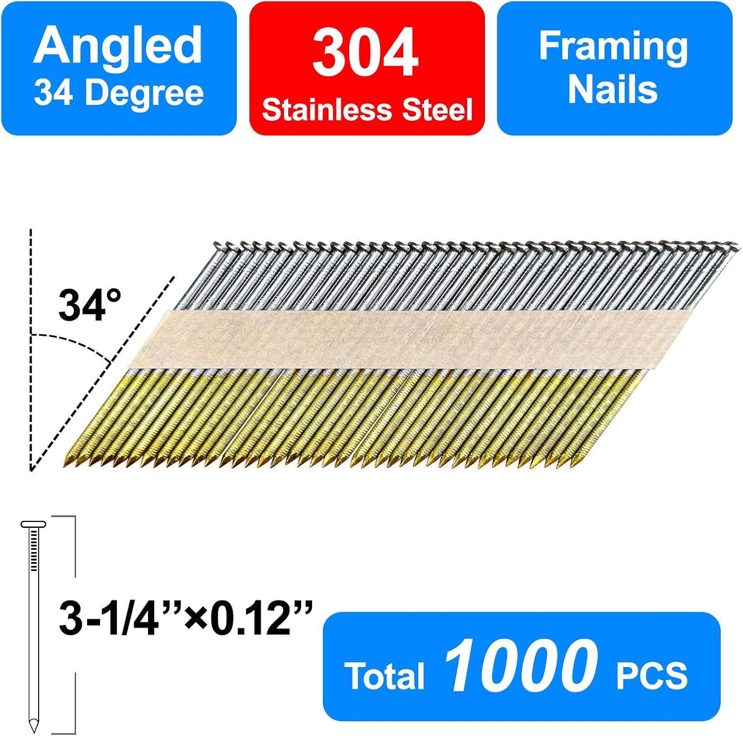 34-30 Degree Framing Nails 304 Stainless Steel D Head 3-1/4' Ring Shank Paper Tape Strip Nails 1000 PCS for 30 to 34 degree Framing Nailer