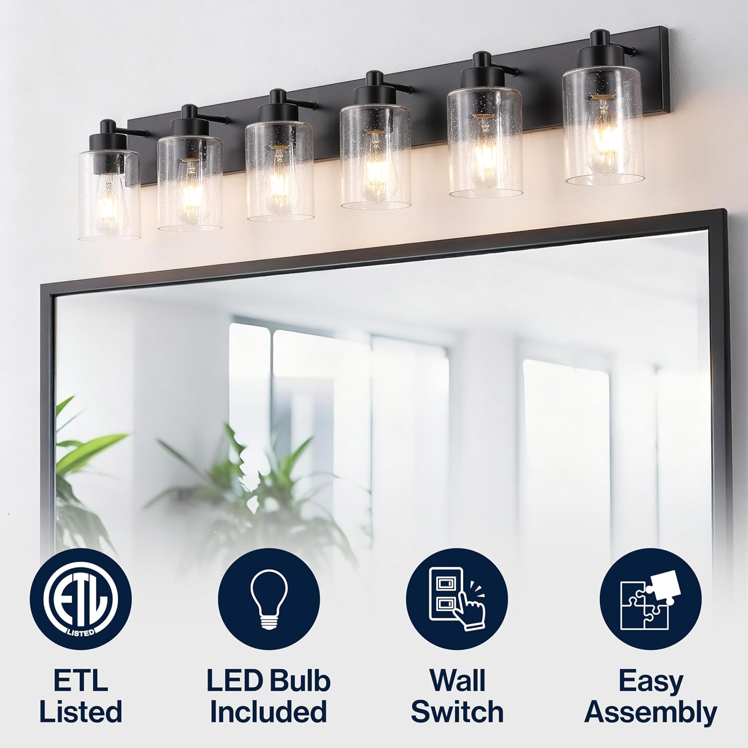 JONATHAN Y 40' Black/Clear 6-Light Modern LED Vanity Light for Bathroom Mirror, Mid-Century Wall Sconce with Clear Seeded Glass Shades, Contemporary Iron Fixture, LED Bulbs (JYL7621B)