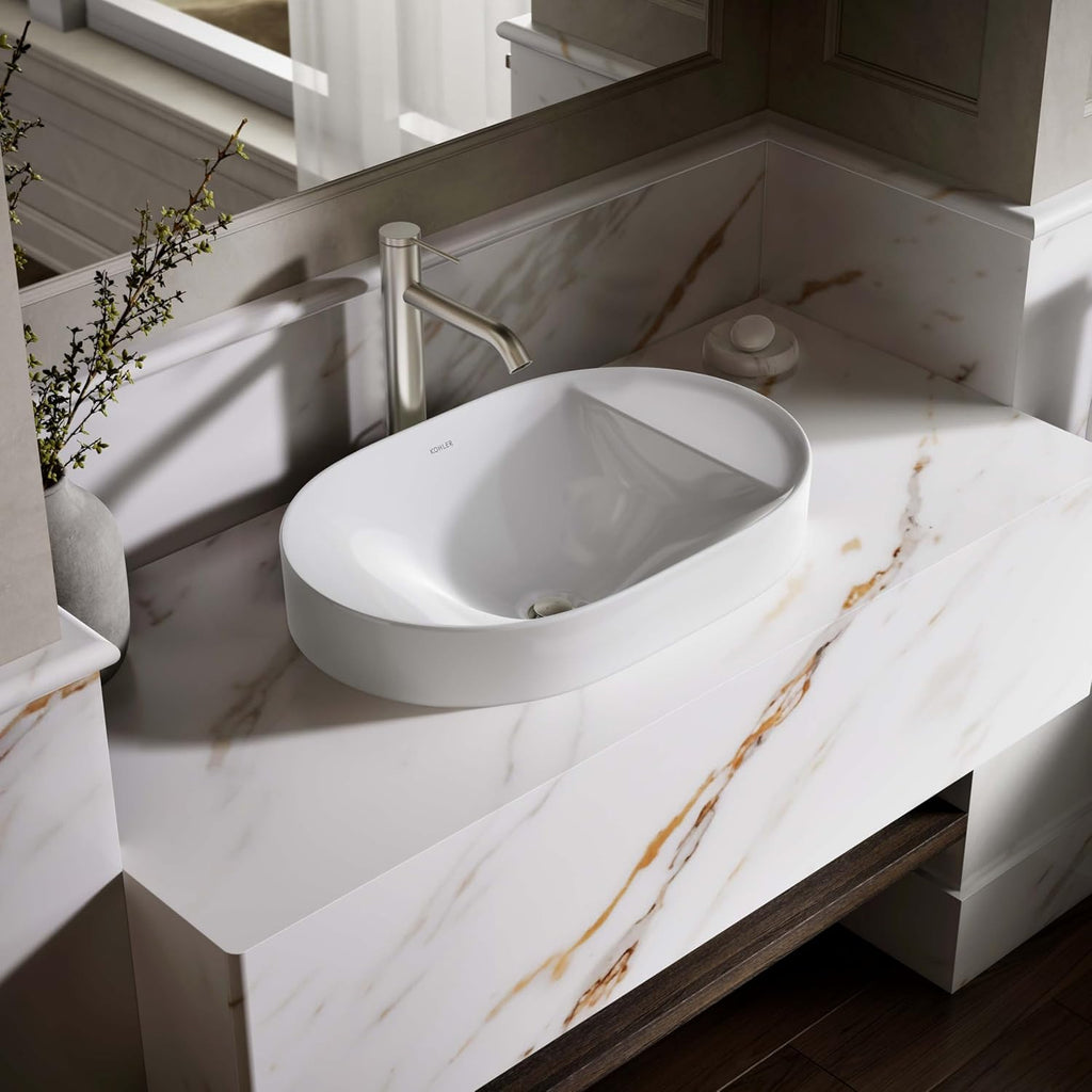 KOHLER 31703-0 Chalice 22-3/4' Oval Vessel Bathroom Sink Bowl with Storage Deck, Above Counter Vanity Sink Basin, with Overflow, No Faucet Holes, White