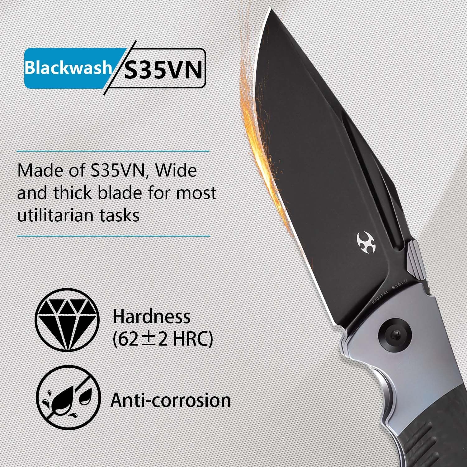 KANSEPT Hinterland Pocket Folding Knives for Men EDC Camping Folding Knife 3.58'' Blackwash CPM S35VN Blade Pocket Folding Knife with Blue Anodized Titanium Twill Carbon Fiber Inlay Handle K1057A1