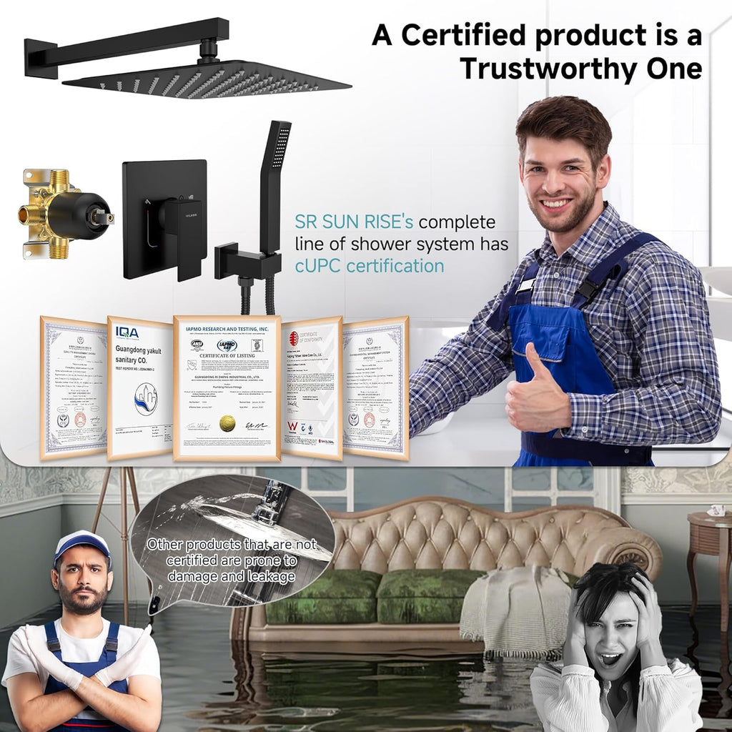SR SUN RISE Shower Faucet Set & System - 12 Inch Rainfall Shower Head & Handle Set Wall Mounted Matte Black Solid Brass Valve Trim Kit Included