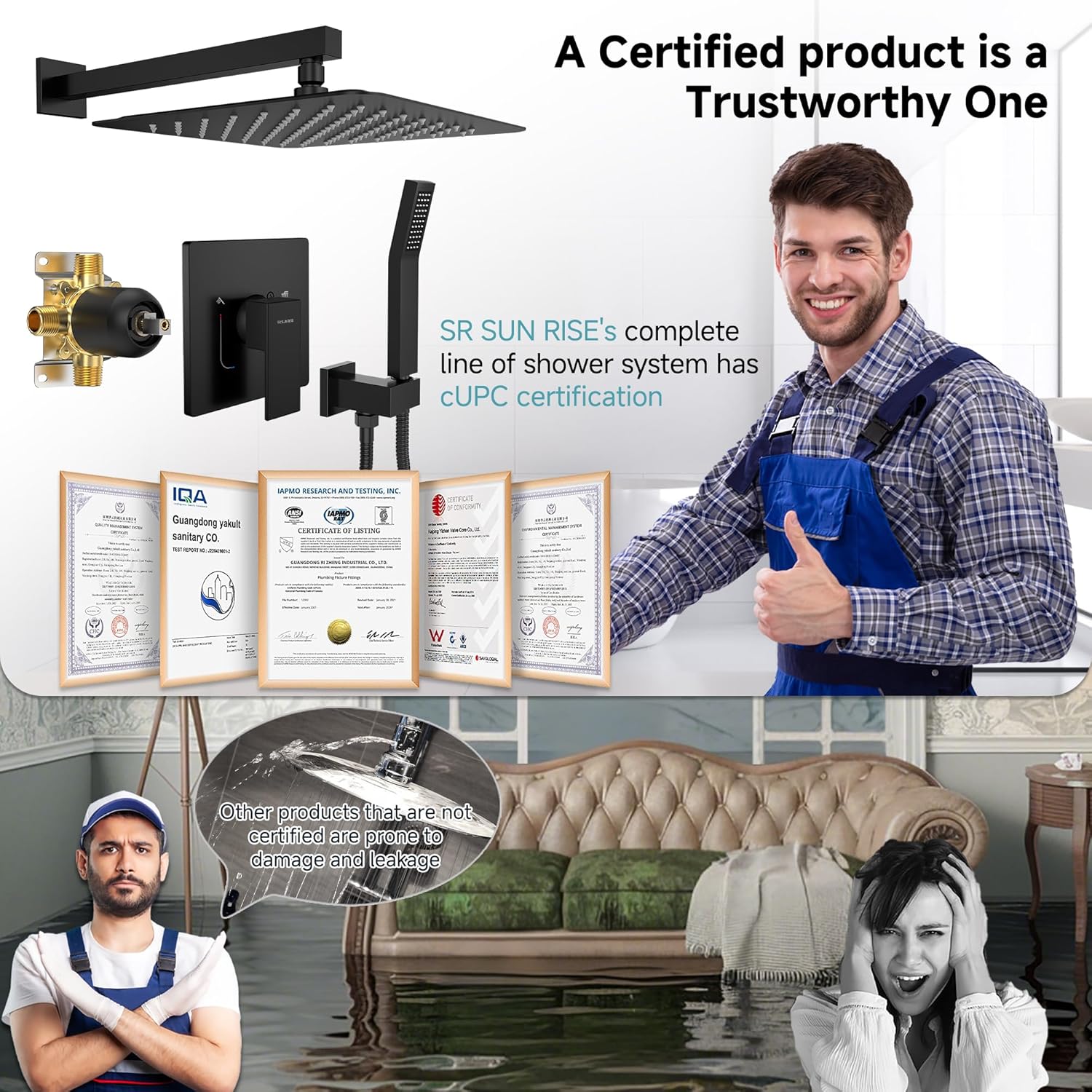 SR SUN RISE Shower Faucet Set & System - 12 Inch Rainfall Shower Head & Handle Set Wall Mounted Matte Black Solid Brass Valve Trim Kit Included