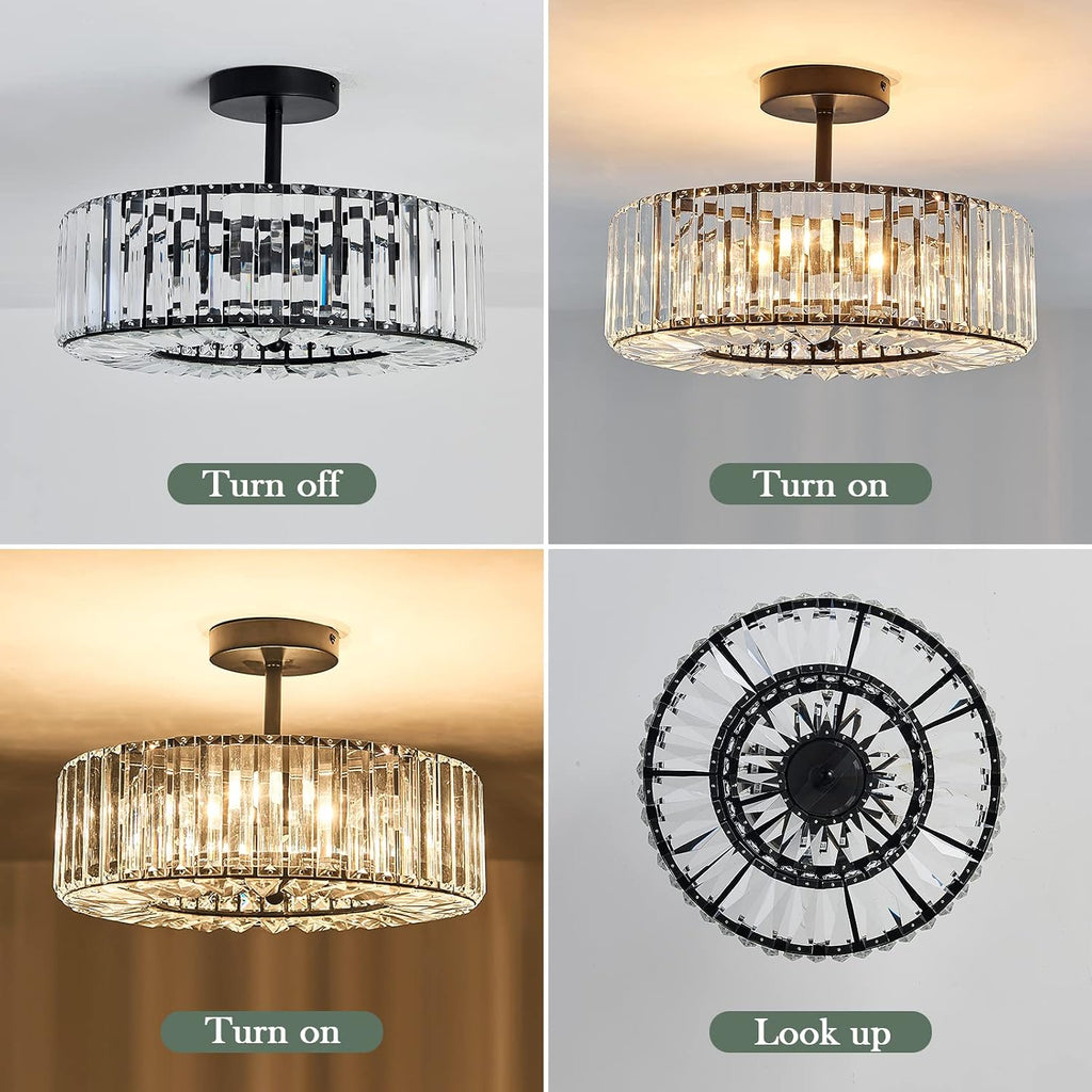 Piepooye 4 Lights Modern Crystal Chandelier Black Round Semi Flush Mount Ceiling Light Fixture Farmhouse Chandelier for Dinning Room Living Room Bedroom Hallway Entryway Kitchen