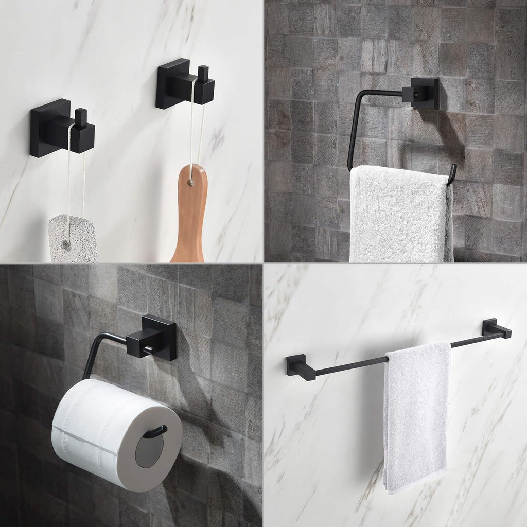 KIBI Cube Bathroom Hardware Set 5 Piece Bathroom Accessories Set | Towel Bar (24'), Towel Ring, Toilet Paper Holder, Robe Hooks (Matte Black) (C-KBA15-5-2)