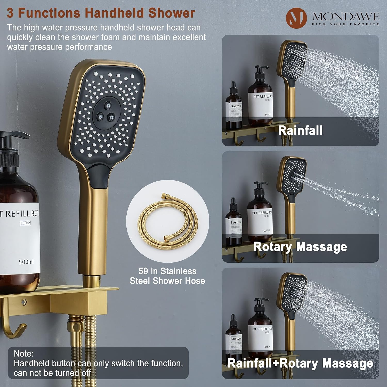 MONDAWE Shower System with Body Jets, 12 Inch Thermostatic Rain Shower System Ceiling Mount, Full Body Spray Shower Jets System with a Shelf, Towel Hooks - Brushed Gold