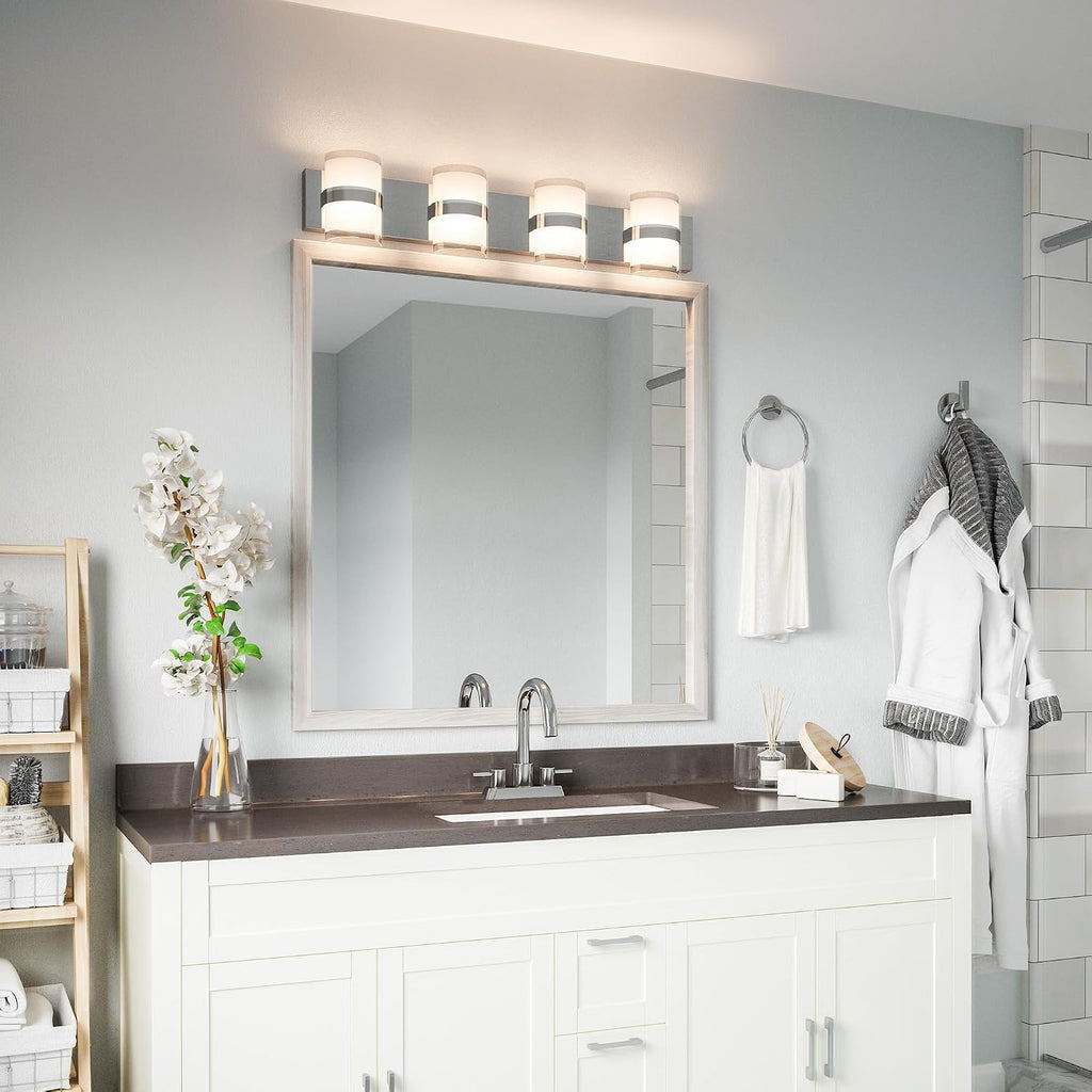 Design House Haswell Vanity Light, 4-Light Integrated LED Bathroom Fixture, Acrylic Frosted Shade, Polished Chrome, Modern Wall Lighting, 7 in H x 32.5 in L x 3.88 in W