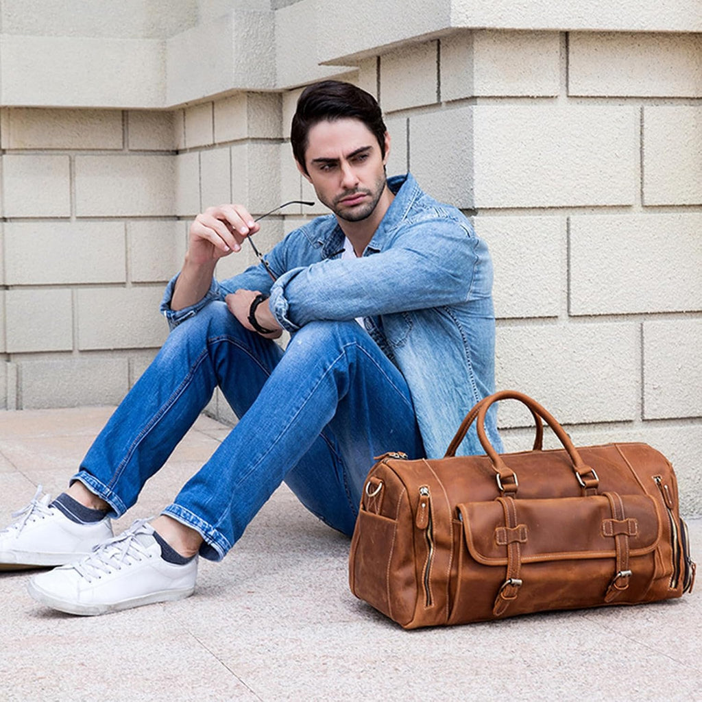 LUUFAN Full-grain Genuine Leather Travel Bag Large Capacity Duffel Luggage Bag with Shoe Compartment, Men Women Shoulder Bag for Weekend Holiday Business Trip, Light Brown