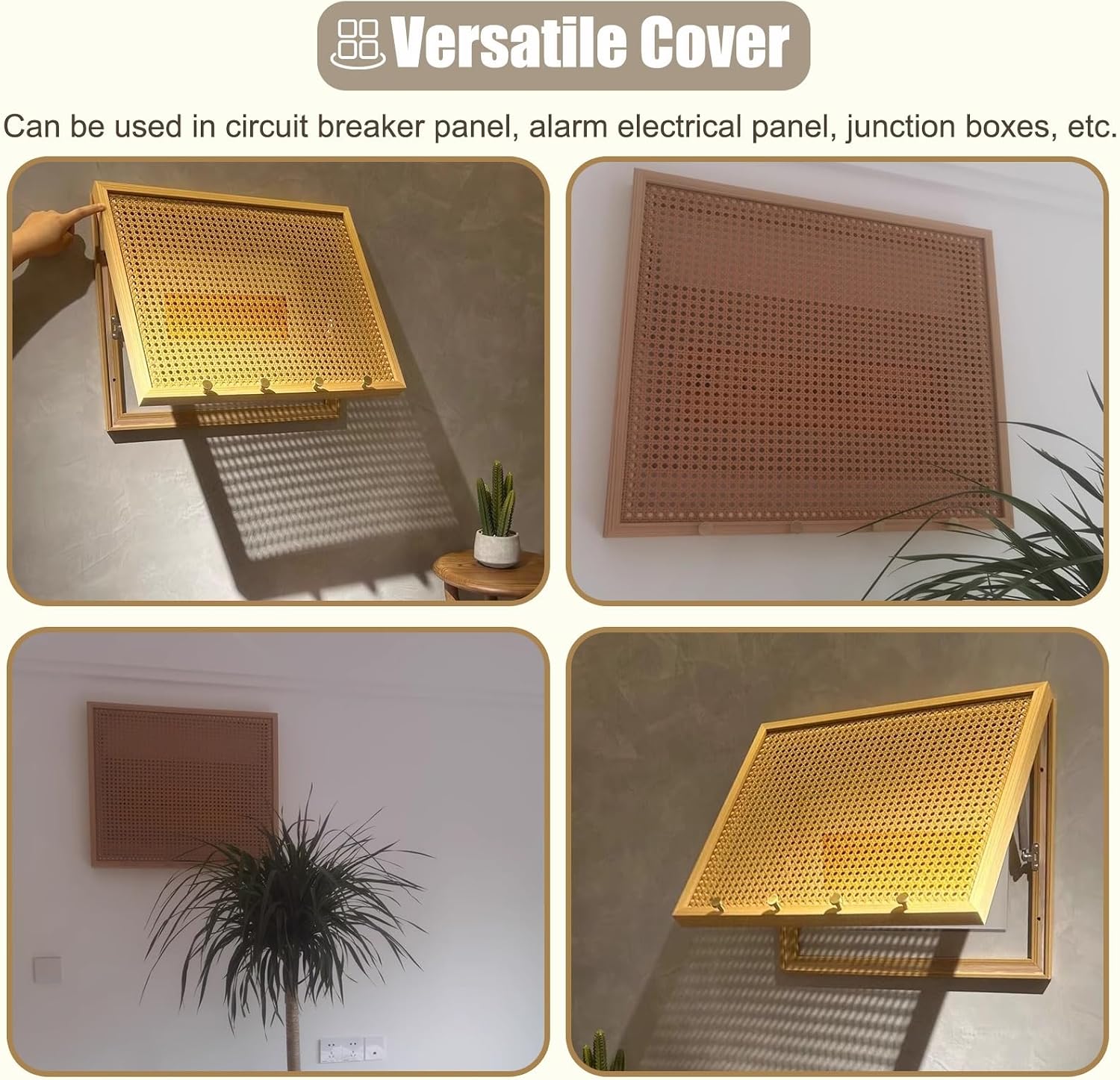 Rattan Electrical Panel Cover Wooden with Hooks, Indoor Breaker Box Cover Panel for Home Fuse Box, Hide Water Meter Box Cover for Alarm Panel Cover(65x55cm(25 5/8x21 5/8'))