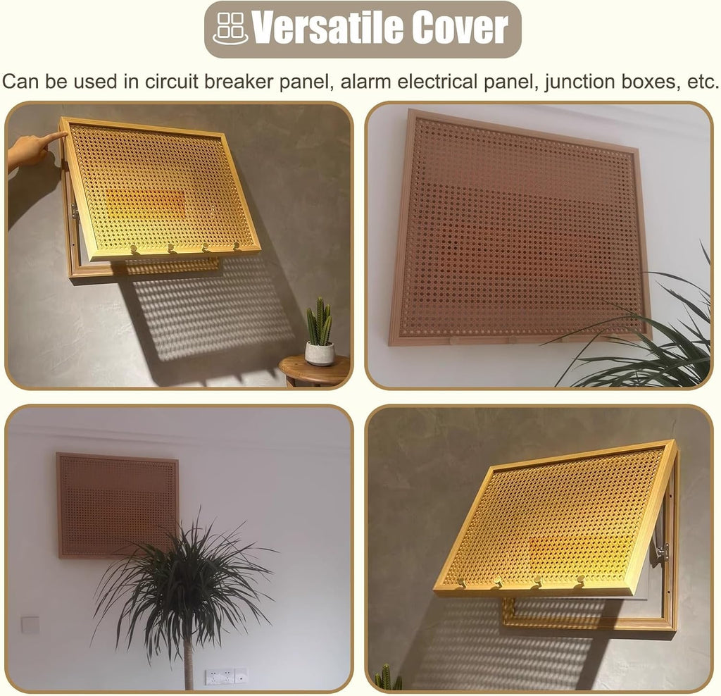 Rattan Electrical Panel Cover Wooden with Hooks, Indoor Breaker Box Cover Panel for Home Fuse Box, Hide Water Meter Box Cover for Alarm Panel Cover(75x65cm(29 1/2x25 5/8'))