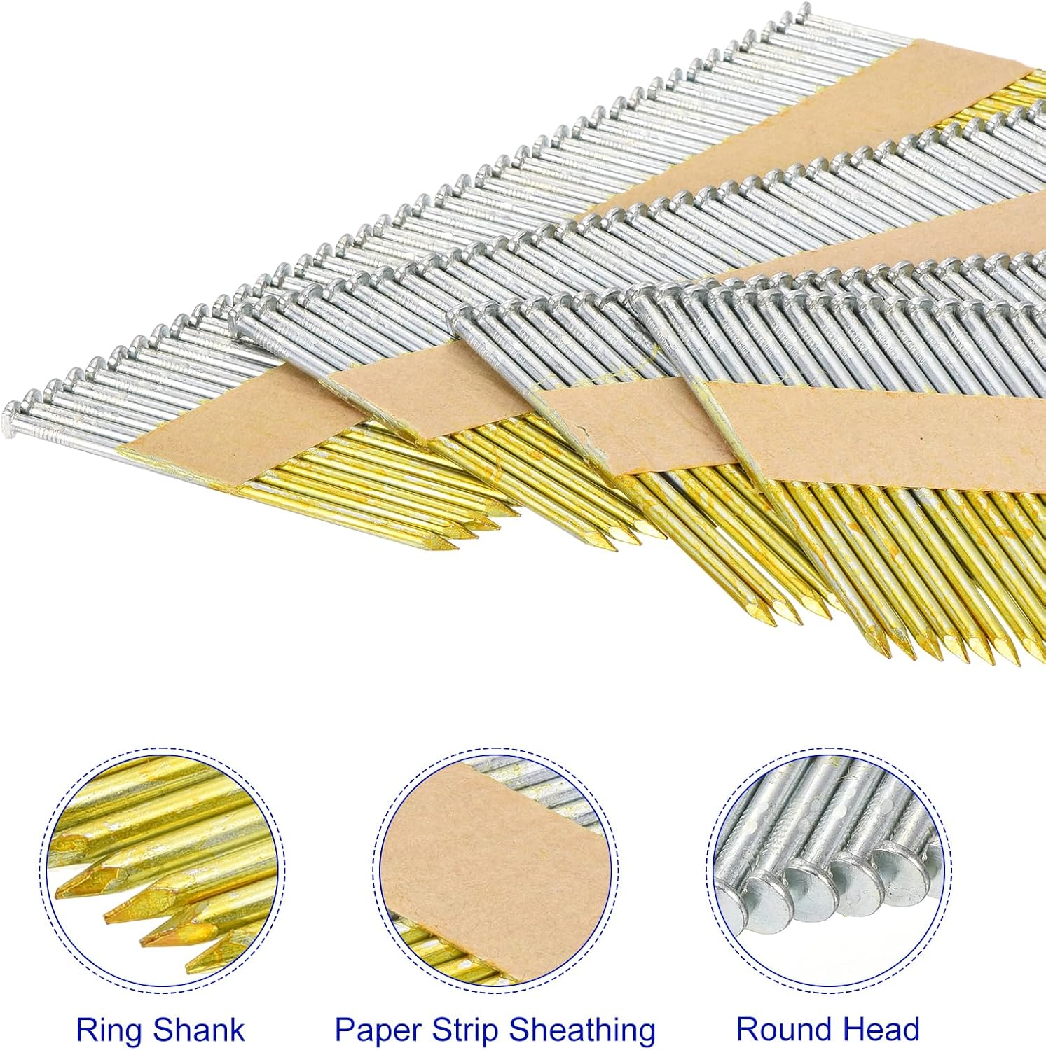 uxcell 1000Pcs 34 Degree 0.131' x 3-1/2' Framing Nails, Galvanized Carbon Steel Paper Collated Nails for Furniture/Constructions, Color Zinc