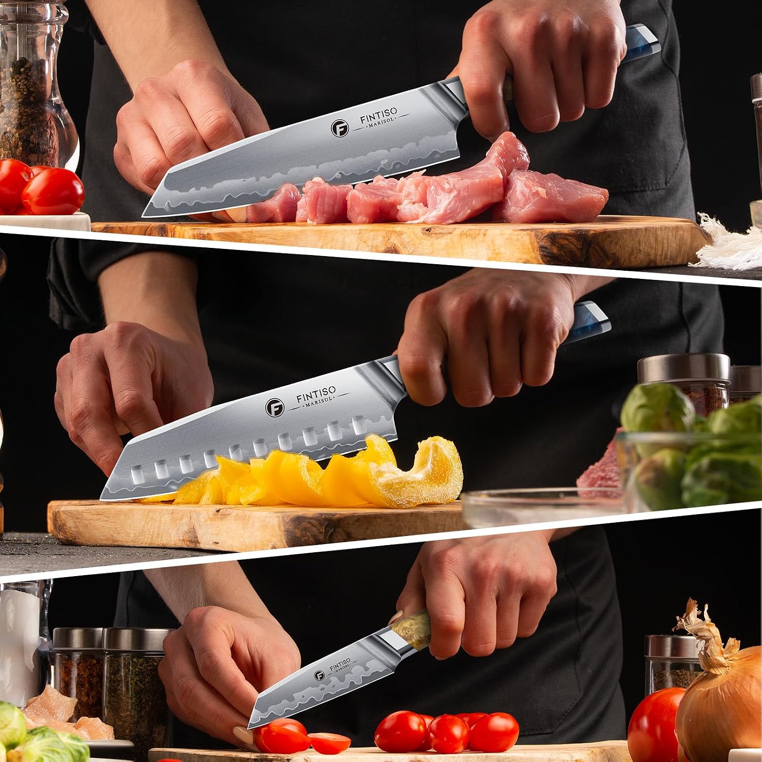 3PCS Kitchen Knife Set, Japanese Chef Knife Set with S35VN Powder Steel Core, Resin & Wood Handle, Ultra Sharp Knives Set for Meat, Vegetables, Fruits Ideal Gift