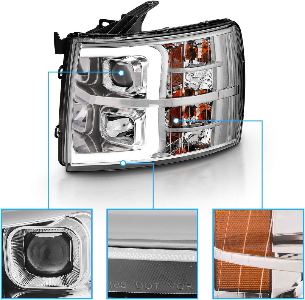 AmeriLite For 2007-2013 Chevy Silverado 1500/07-14 Silverado 2500HD 3500HD LED Tube Chrome Square Projector Headlights Set - Passenger and Driver Side