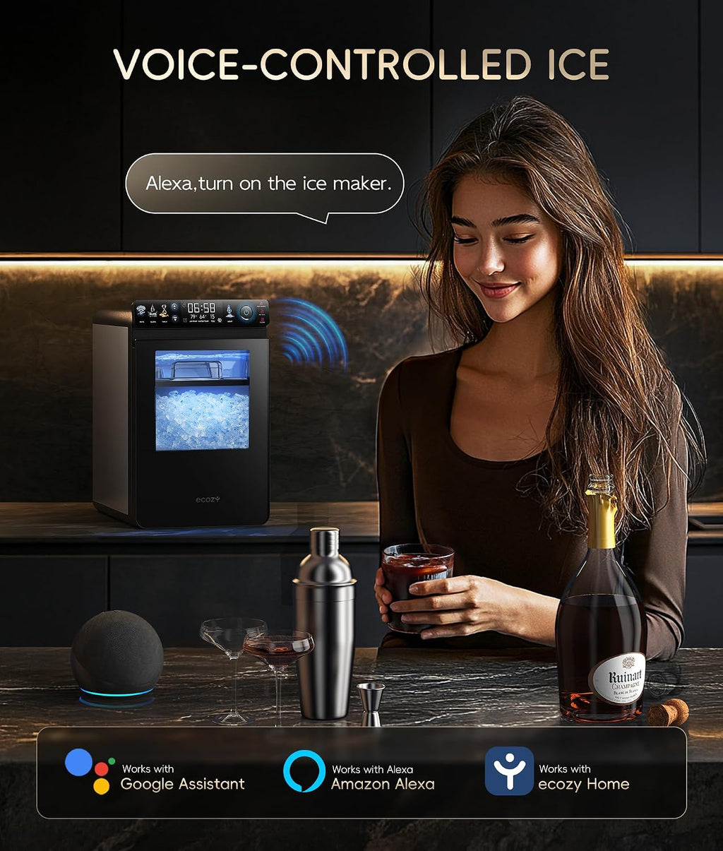 ecozy Nugget Ice Maker Countertop, First Full-Color Smart Panel 44 lbs/24H Ice Machine with APP & Voice Control, Double-Layer Insulation, Pull-Out Water Tank, Soft Pebble Chewable Ice, Self-Cleaning