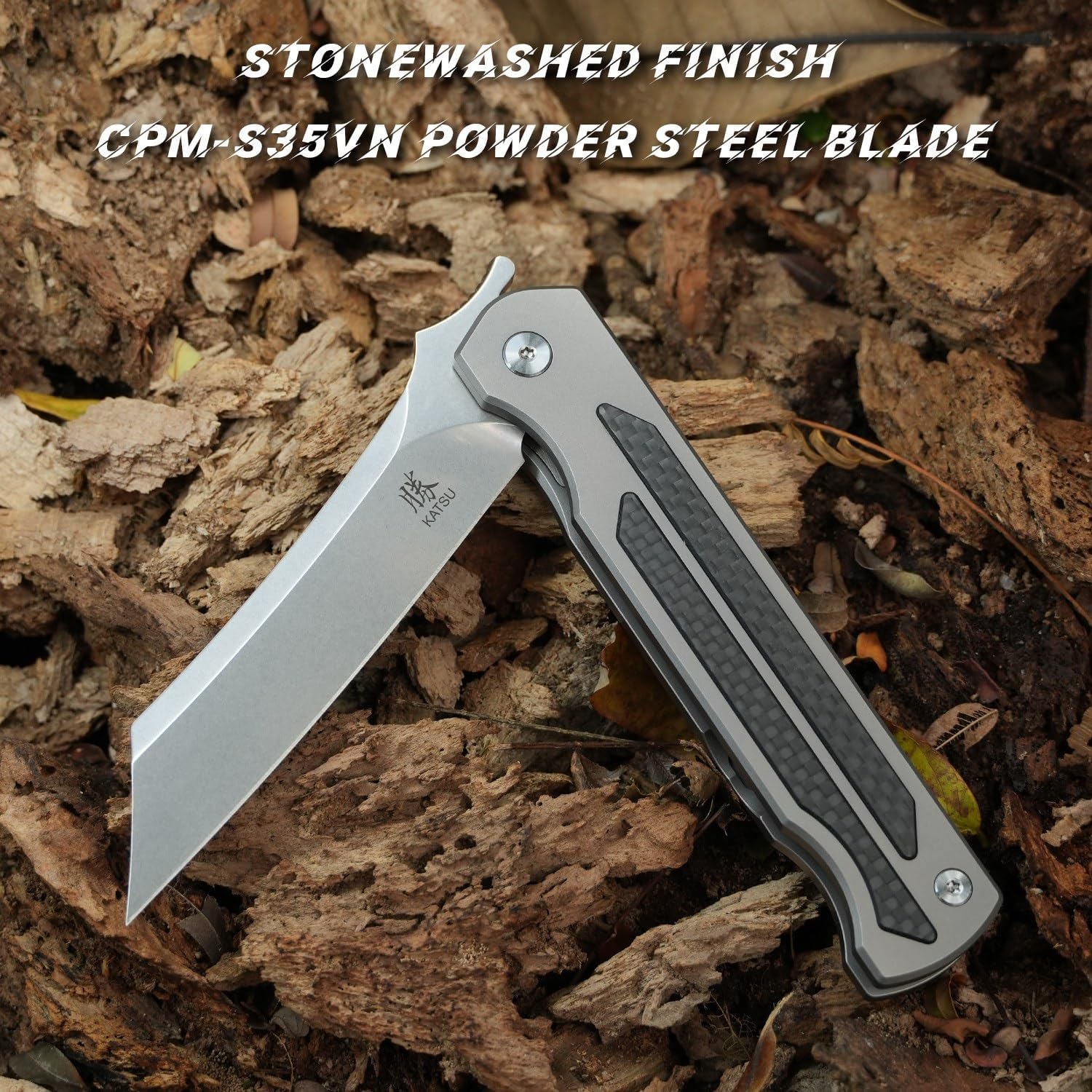 KATSU S35VN Steel Blade Folding Knife,Titanium Pocket Knife for Men Carbon Fiber Handle,Frame Lock Japanese Style Front Flipper EDC Knife with Clip Stonewash Leather Sheath
