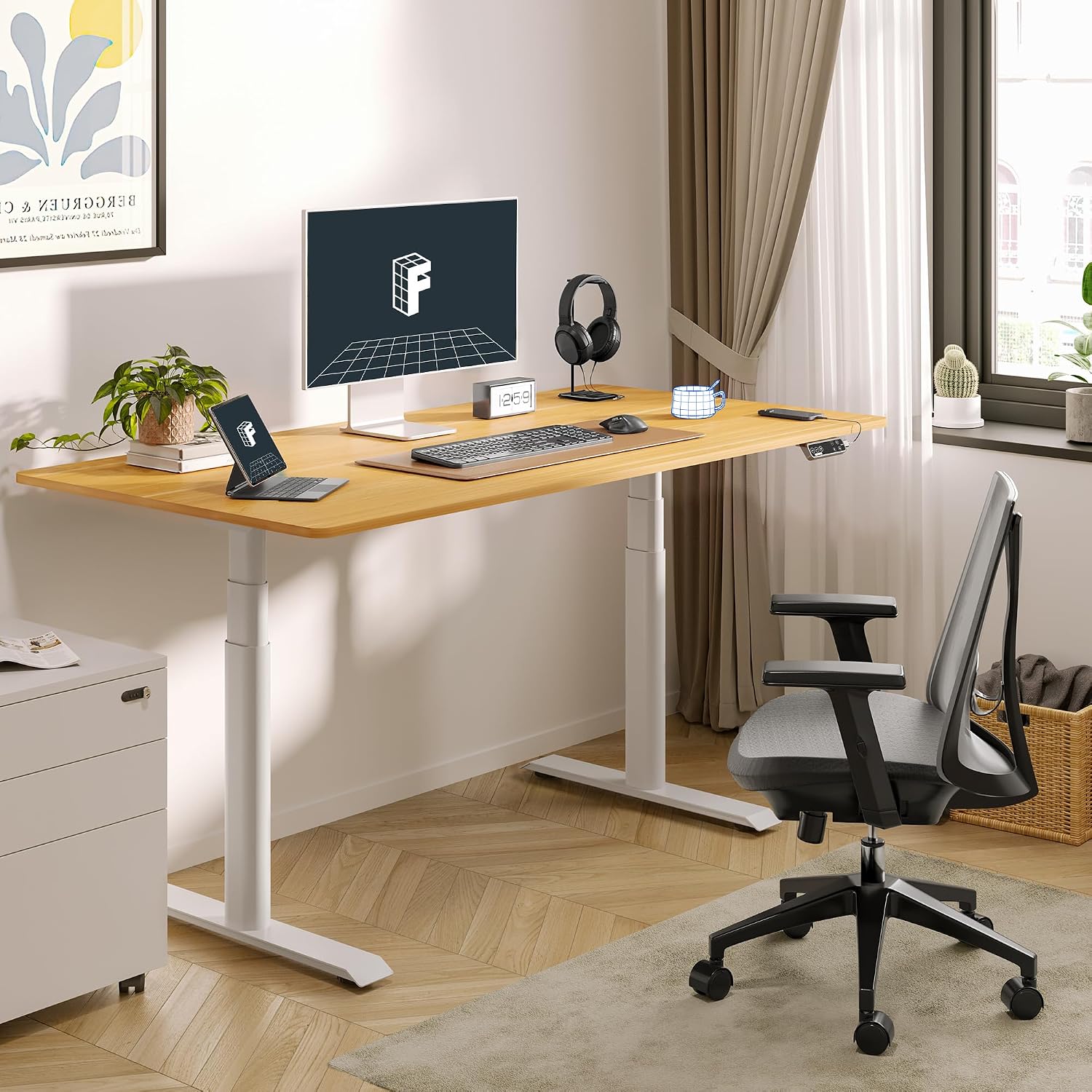 FLEXISPOT E6 Pro Dual Motor Electric Standing Desk, Organic Modern Oval Leg Design, 3-Stage Height Adjustable Sit Stand Desk with Heavy Duty 330lbs, 48' x 30' Maple Desktop, White Frame