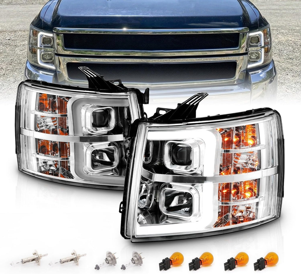 AmeriLite For 2007-2013 Chevy Silverado 1500/07-14 Silverado 2500HD 3500HD LED Tube Chrome Square Projector Headlights Set - Passenger and Driver Side