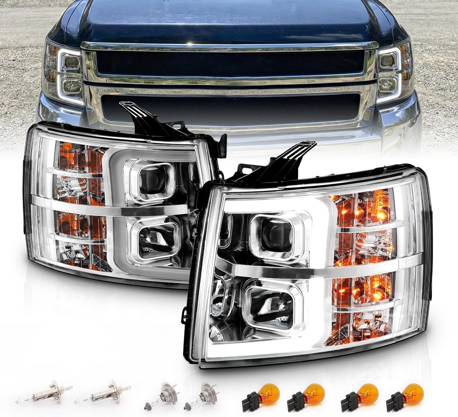 AmeriLite For 2007-2013 Chevy Silverado 1500/07-14 Silverado 2500HD 3500HD LED Tube Chrome Square Projector Headlights Set - Passenger and Driver Side