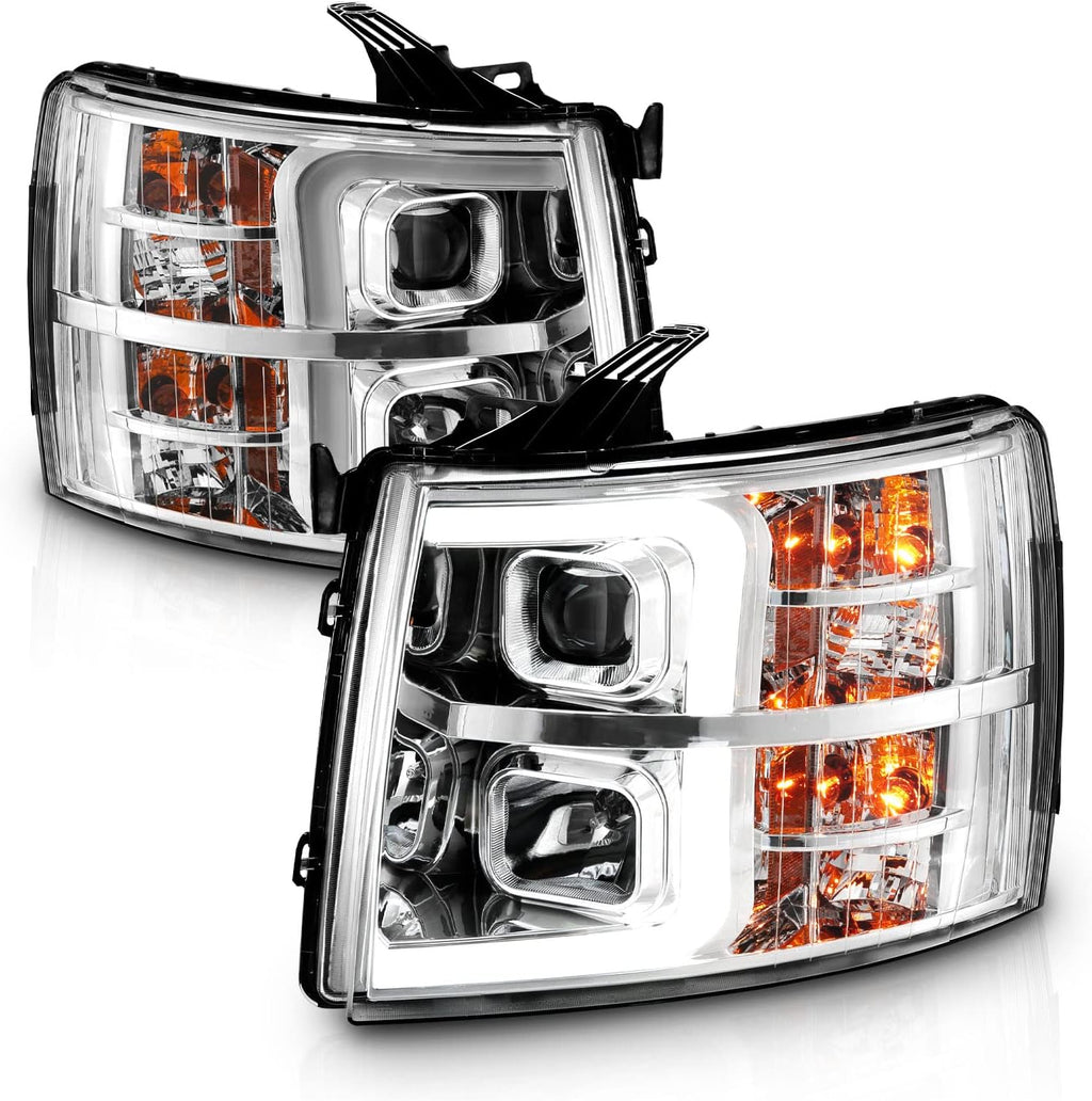 AmeriLite For 2007-2013 Chevy Silverado 1500/07-14 Silverado 2500HD 3500HD LED Tube Chrome Square Projector Headlights Set - Passenger and Driver Side