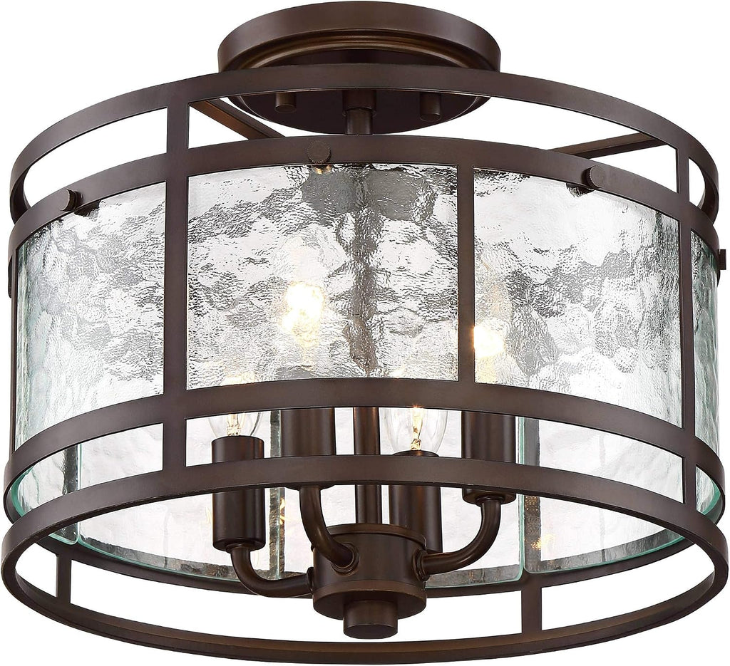 Franklin Iron Works Elwood Finish Rustic Industrial Ceiling Light Semi-Flush Mount Fixture Oil Rubbed Bronze 13 1/4' Wide Water Glass Drum for Cottage Core House Bedroom Hallway Living Room Bathroom