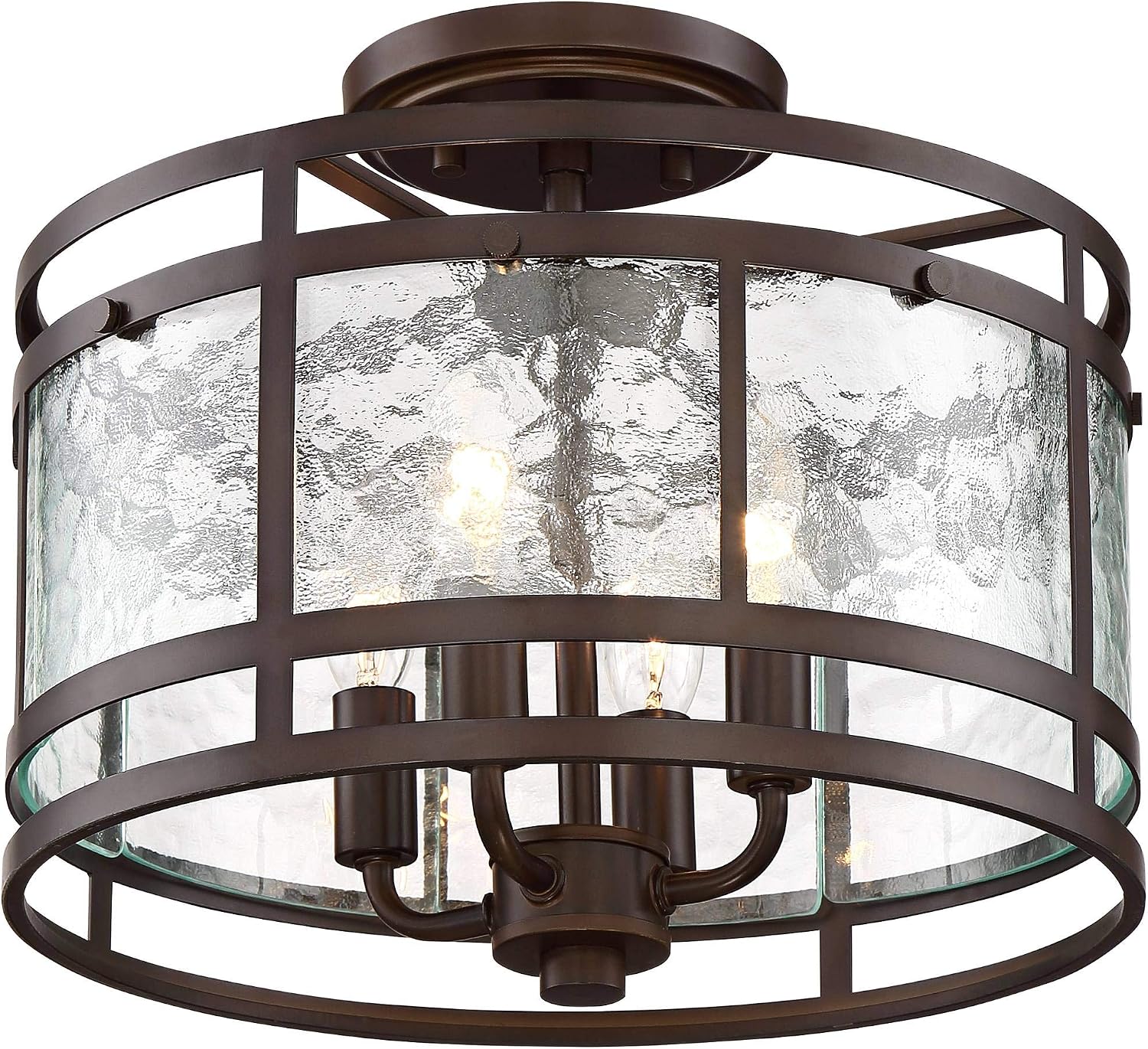 Franklin Iron Works Elwood Finish Rustic Industrial Ceiling Light Semi-Flush Mount Fixture Oil Rubbed Bronze 13 1/4' Wide Water Glass Drum for Cottage Core House Bedroom Hallway Living Room Bathroom