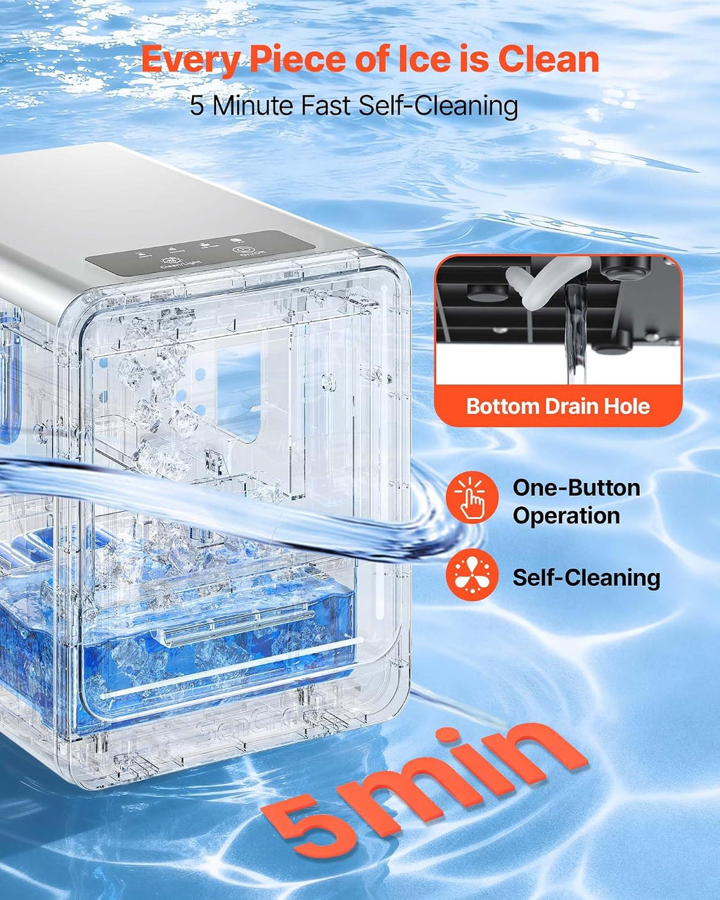 VEVOR Countertop Ice Maker, 33 lbs per Day, Self-Cleaning Portable Machine with Scoop, Drawer-Style Ice Access, Nugget Ice-Making Machine with Chewable ICES for Home, Kitchen, Office, Bar & Party