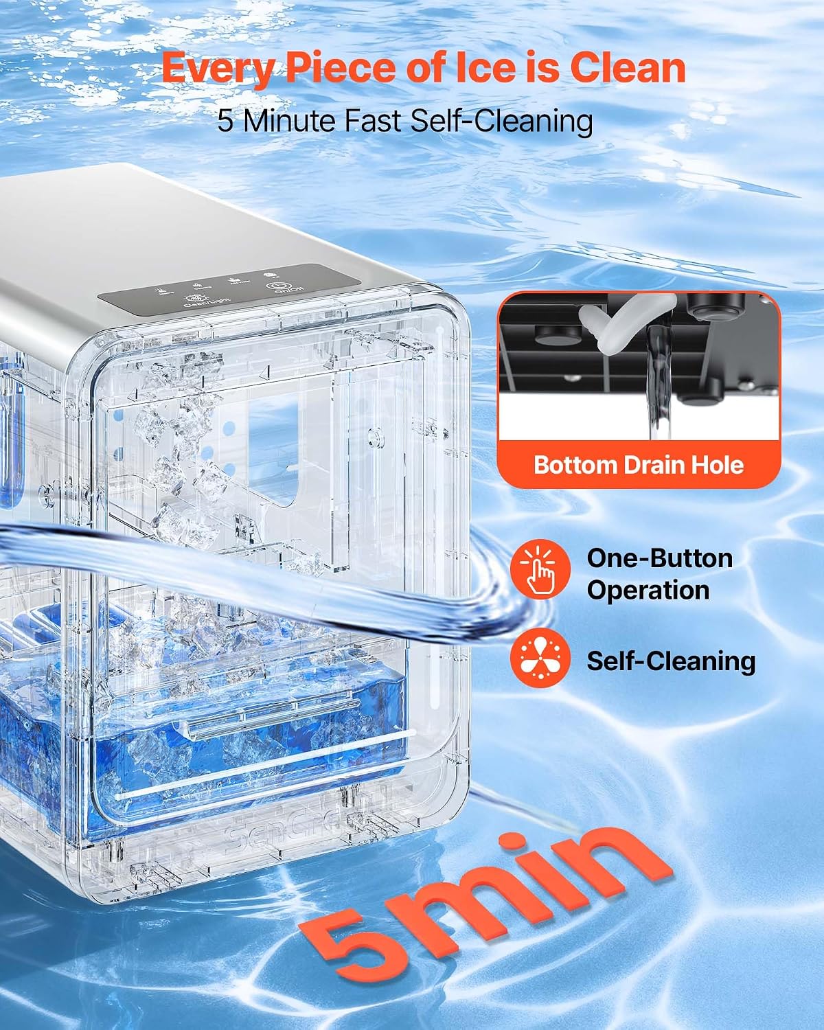 VEVOR Countertop Ice Maker, 33 lbs per Day, Self-Cleaning Portable Machine with Scoop, Drawer-Style Ice Access, Nugget Ice-Making Machine with Chewable ICES for Home, Kitchen, Office, Bar & Party