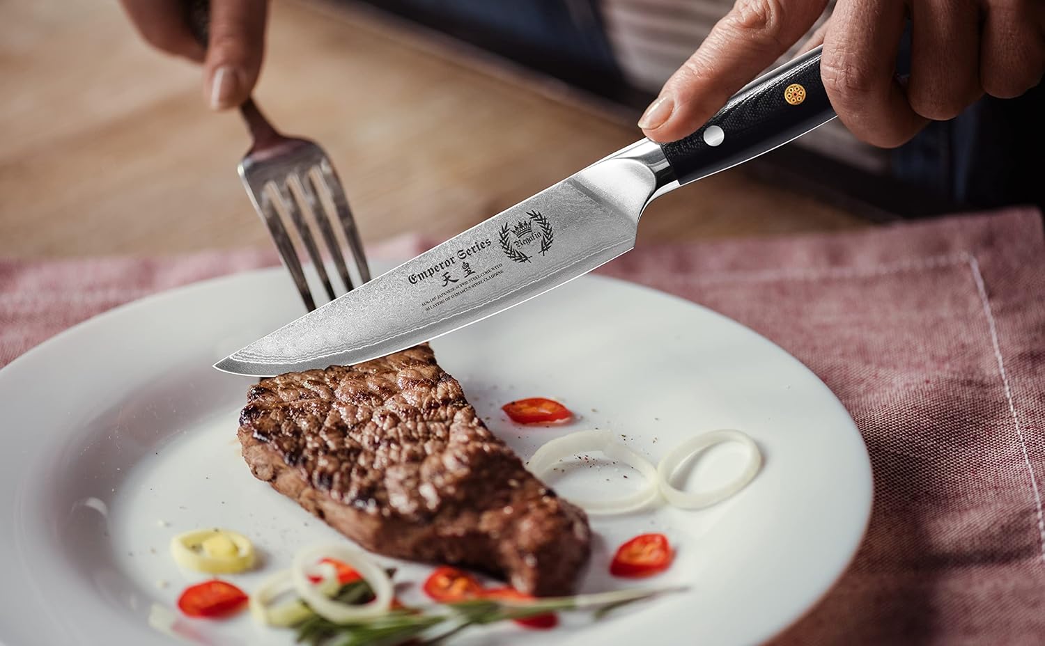Steak Knife Set - 4 Piece - 5 Inch Damascus Steel AUS-10V High Carbon Steel Blade - G-10 Garolite Ergonomic Handle