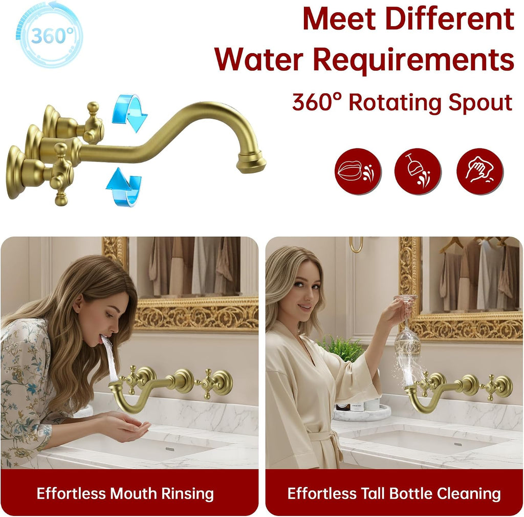 SUMERAIN Brushed Gold Wall Mount Bathroom Sink Faucet,3 Holes Vintage Style Lavatory Basin Faucet with Cross Knobs Included Rough-in Valve
