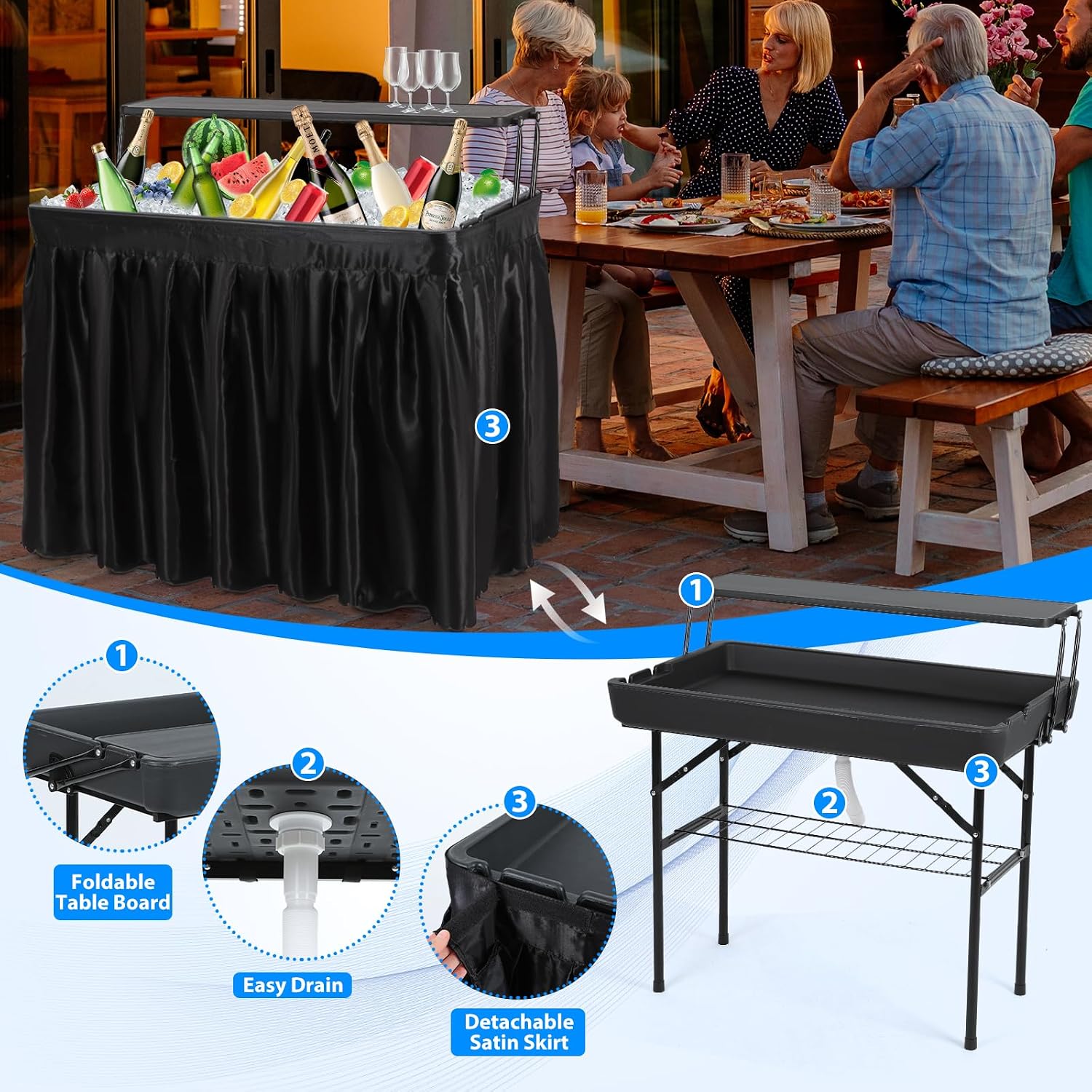 Nice C 4 ft Folding Ice Cooler Table, Party Cooler, Grazing Table with Drain, Bar Cooler Tables, with Matching Skirt, Storage Shelf (Black)