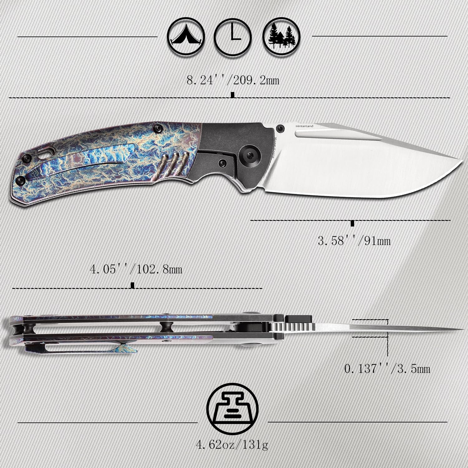 KANSEPT Hinterland Pocket Folding Knives for Men EDC Camping Folding Knife 3.58'' Satin CPM S35VN Blade Pocket Knife with Blackwash Titanium Lightning Strike Finished Titanium Inlay Handle K1057A5