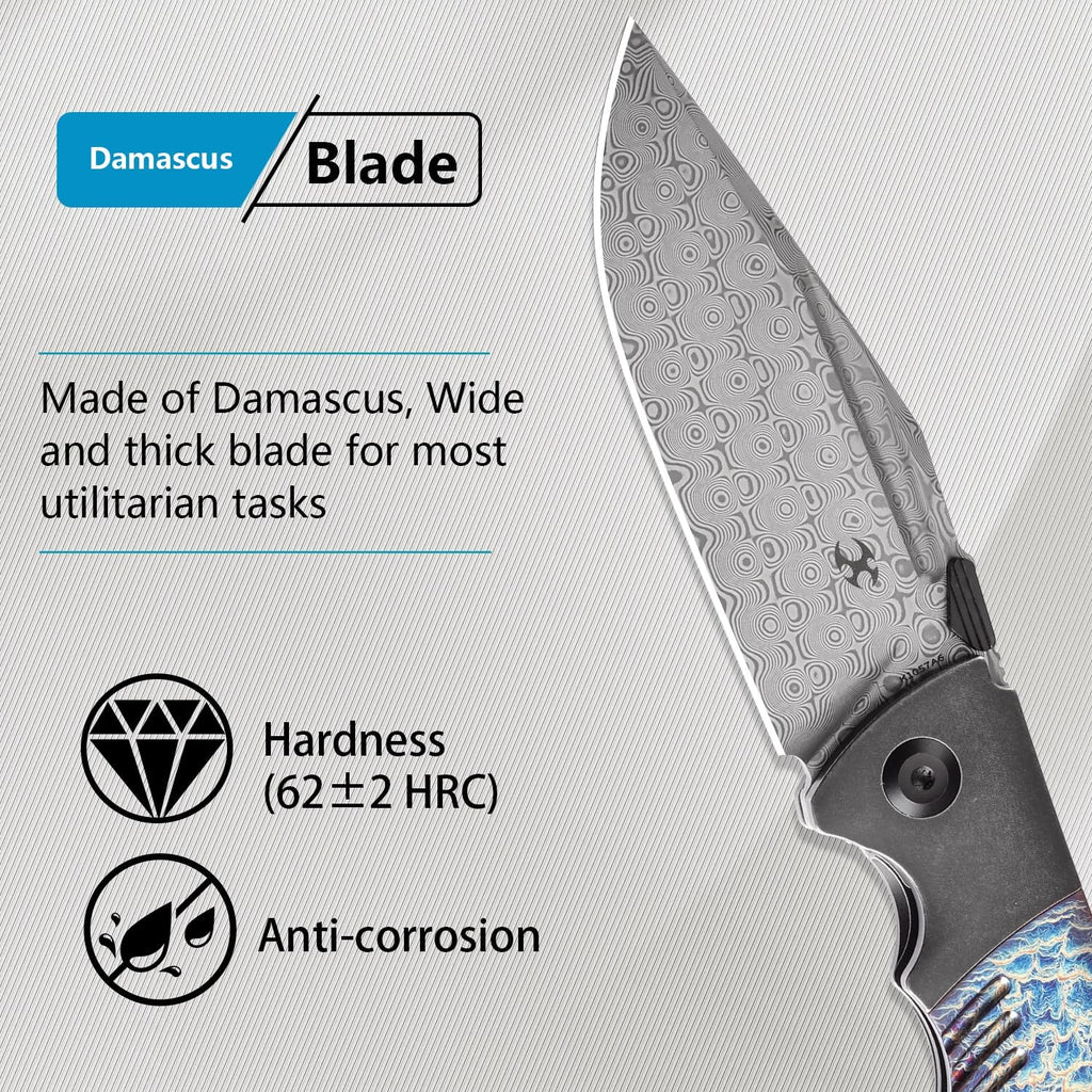 KANSEPT Hinterlan Pocket Folding Knives for Men EDC Camping Folding Knife 3.58'' Damascus Blade with Blackwash Titanium Lightning Strike Finished Titanium Inlay Handle Everyday Carry K1057A6
