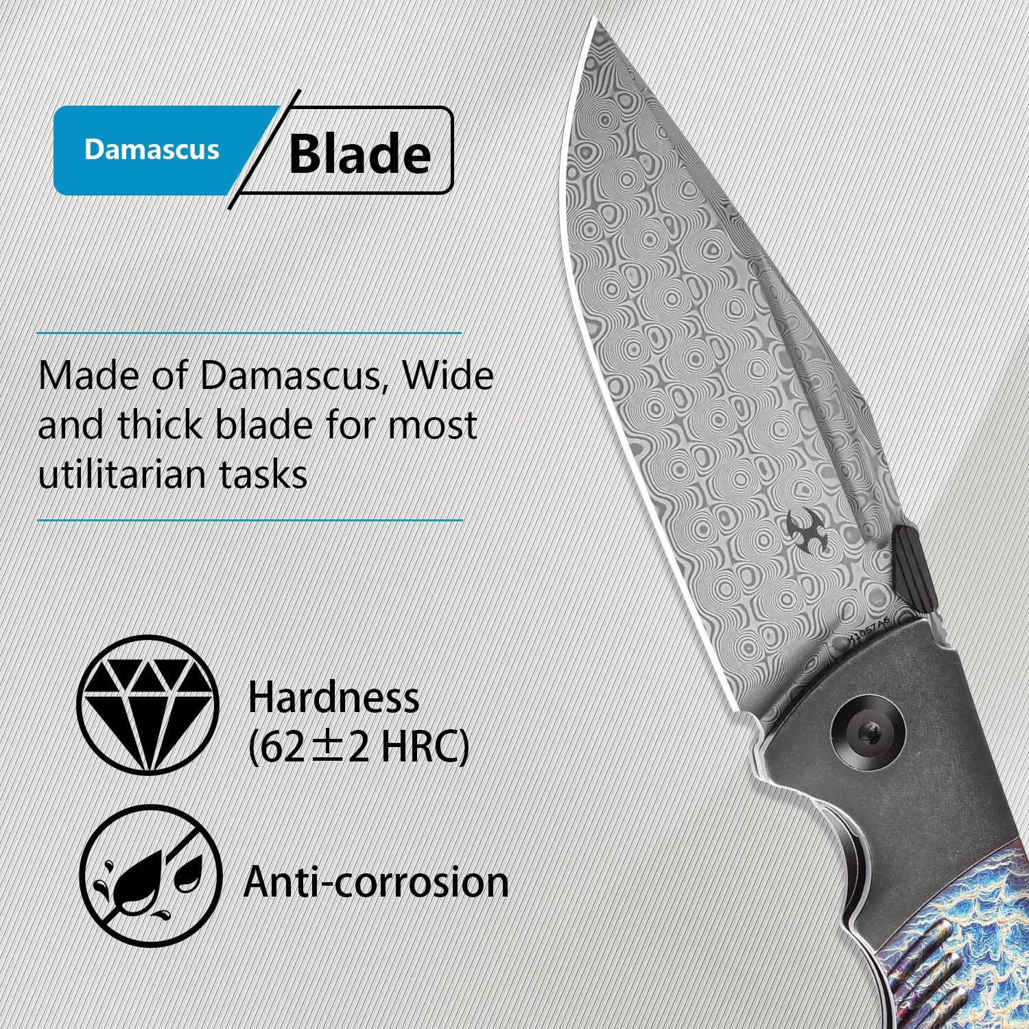 KANSEPT Hinterlan Pocket Folding Knives for Men EDC Camping Folding Knife 3.58'' Damascus Blade with Blackwash Titanium Lightning Strike Finished Titanium Inlay Handle Everyday Carry K1057A6