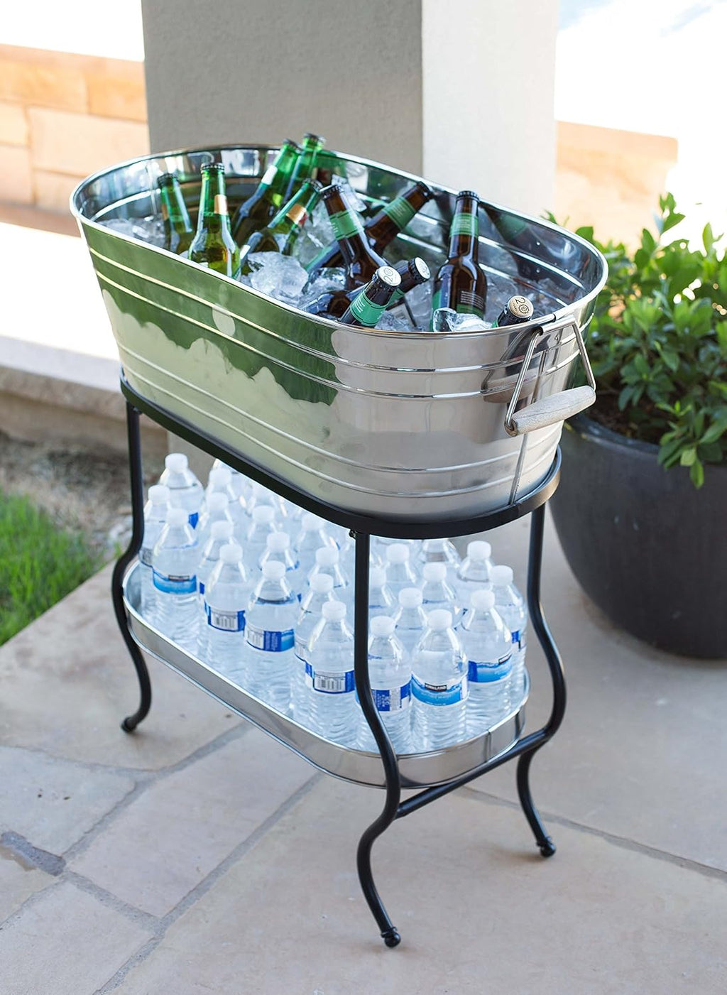 BirdRock Home Stainless Steel Beverage Tub with Stand - Oval - Bottom Tray - Party Drink Holder - Wooden Handles - Outdoor or Indoor Use - Free Standing