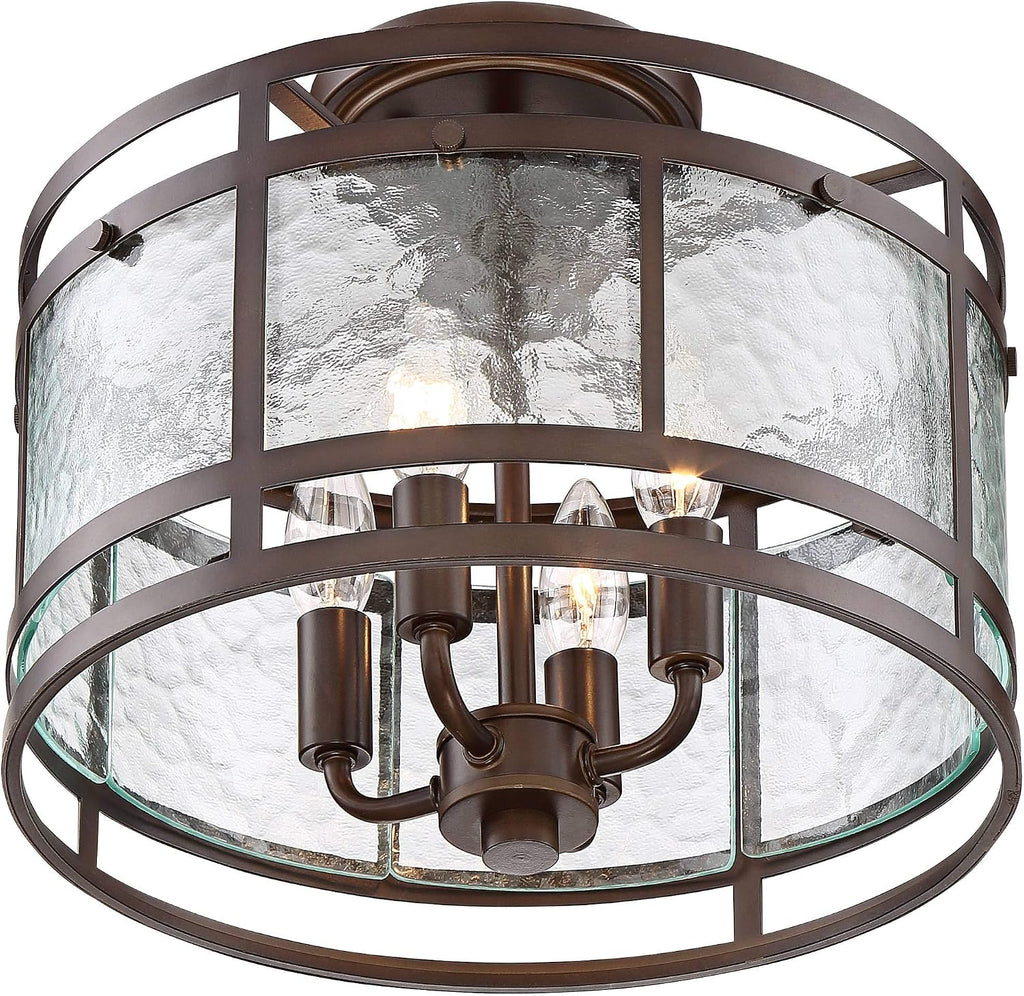 Franklin Iron Works Elwood Finish Rustic Industrial Ceiling Light Semi-Flush Mount Fixture Oil Rubbed Bronze 13 1/4' Wide Water Glass Drum for Cottage Core House Bedroom Hallway Living Room Bathroom