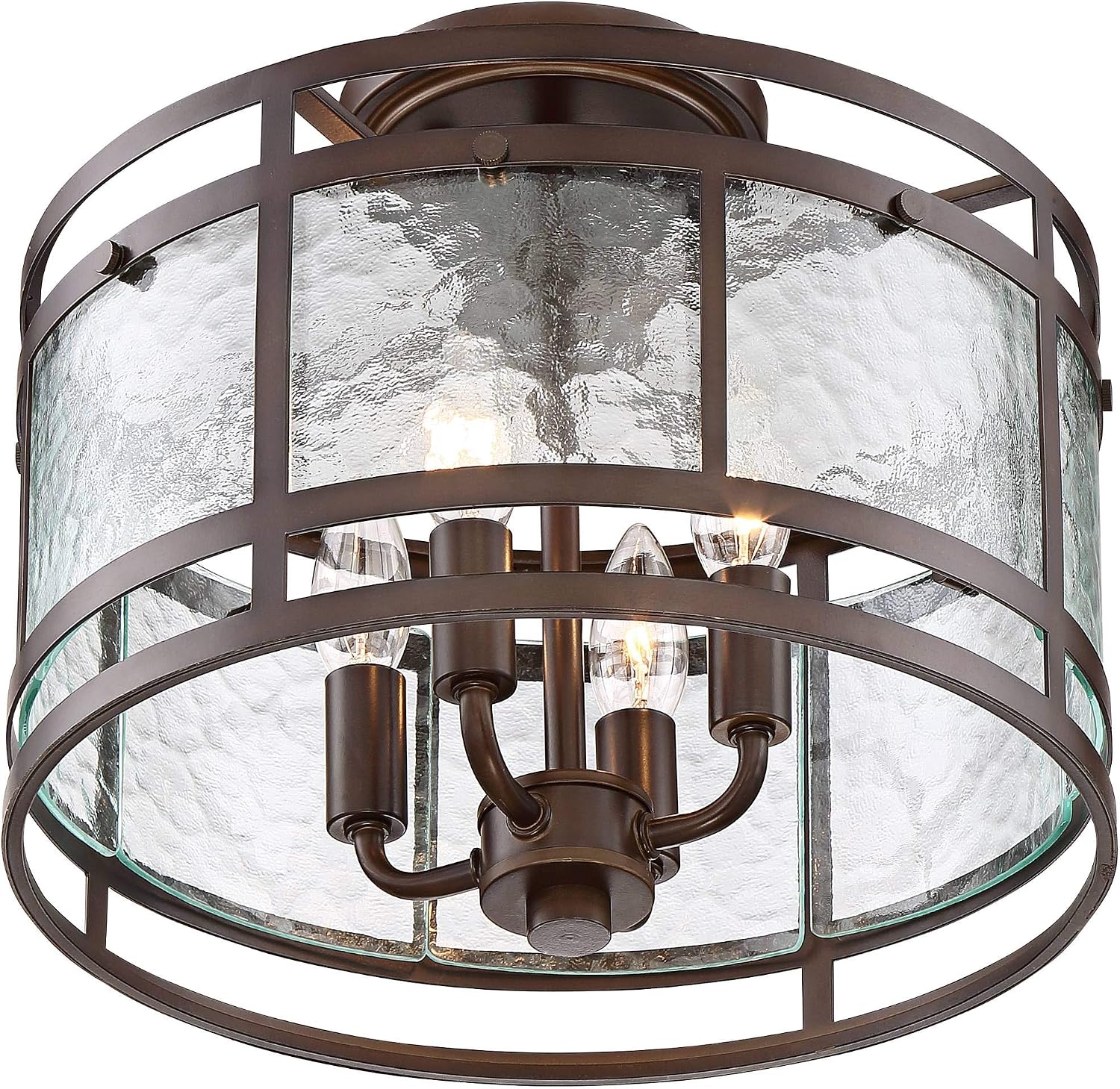 Franklin Iron Works Elwood Finish Rustic Industrial Ceiling Light Semi-Flush Mount Fixture Oil Rubbed Bronze 13 1/4' Wide Water Glass Drum for Cottage Core House Bedroom Hallway Living Room Bathroom