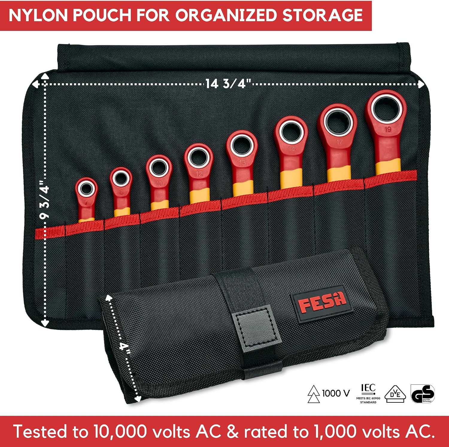 FESA Insulated Ratchet Wrench Set - 8-Piece 1000V Box Wrench Set with Storage Pouch - Metric Insulated Wrenches Included in This Electrician Tool Set 7mm, 8mm, 10mm, 12mm, 13mm, 14mm, 17mm, 19 mm