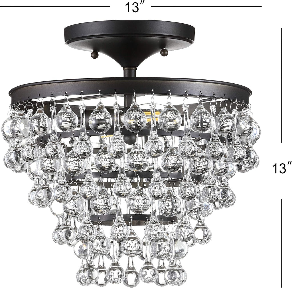 JONATHAN Y 13' Oil Rubbed Bronze Metal LED Flush Mount Ceiling Light Fixture, Clear Crystal Drum Shade for Bedroom Hallway, Modern Glam Chandelier, LED Bulb Included (JYL9029A)