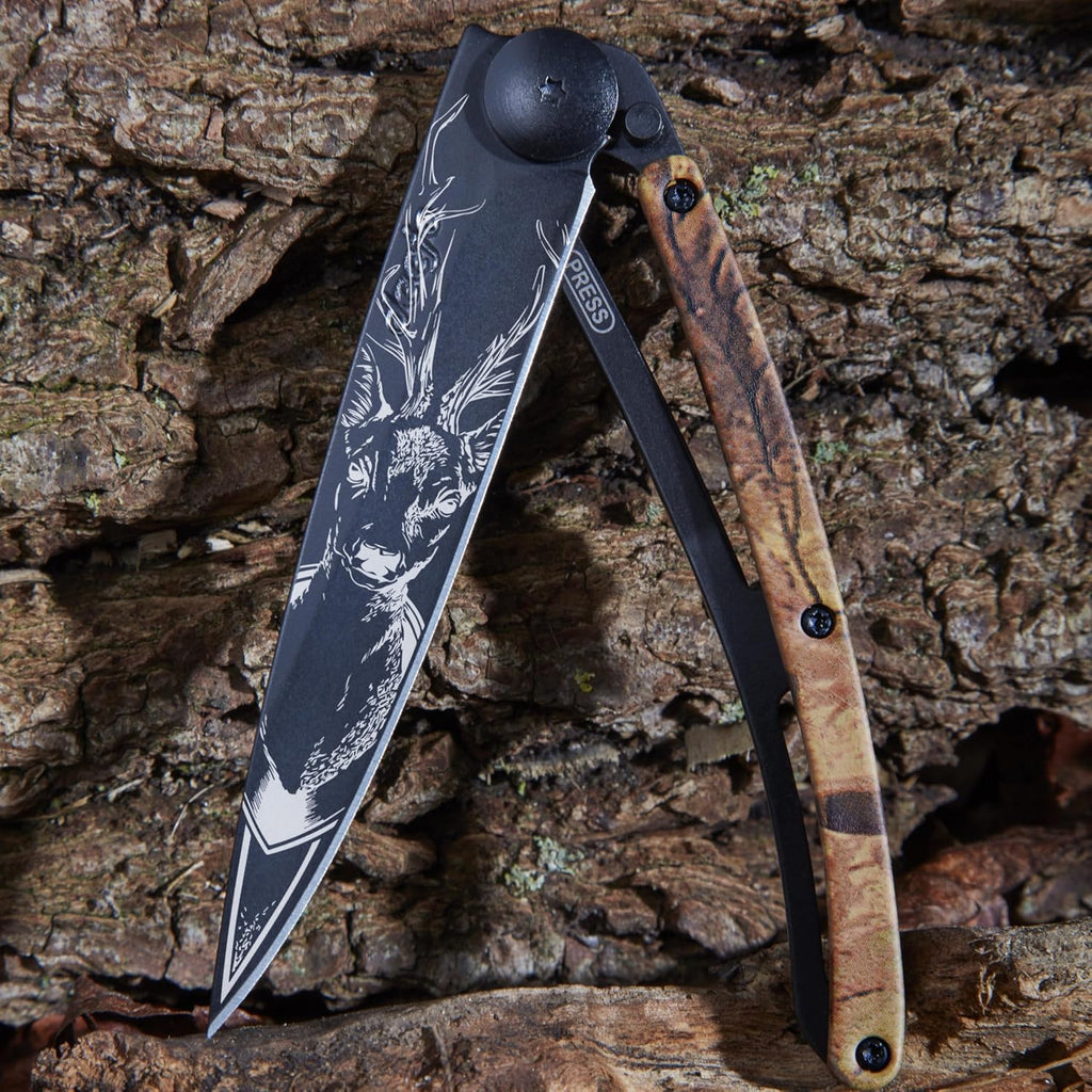 deejo - 37G Folding Pocket Knife with Belt Clip - Deer Design, 3.7-Inch Stainless Steel Blade, Brown Camo Handle - Lightweight Everyday Carry for Home, Work, and Outdoor Use
