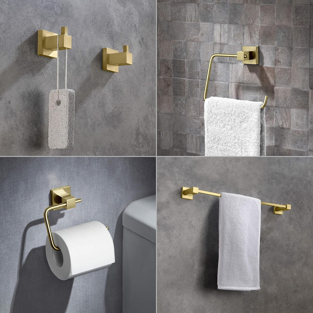 KIBI Cube Bathroom Hardware Set, 5-Piece Accessories Set | 18' Towel Bar, Towel Ring, Toilet Paper Holder, 2 Robe Hooks | Solid Brass Wall Mounted Bathroom Fixtures | Brushed Gold, C-KBA15-5-4