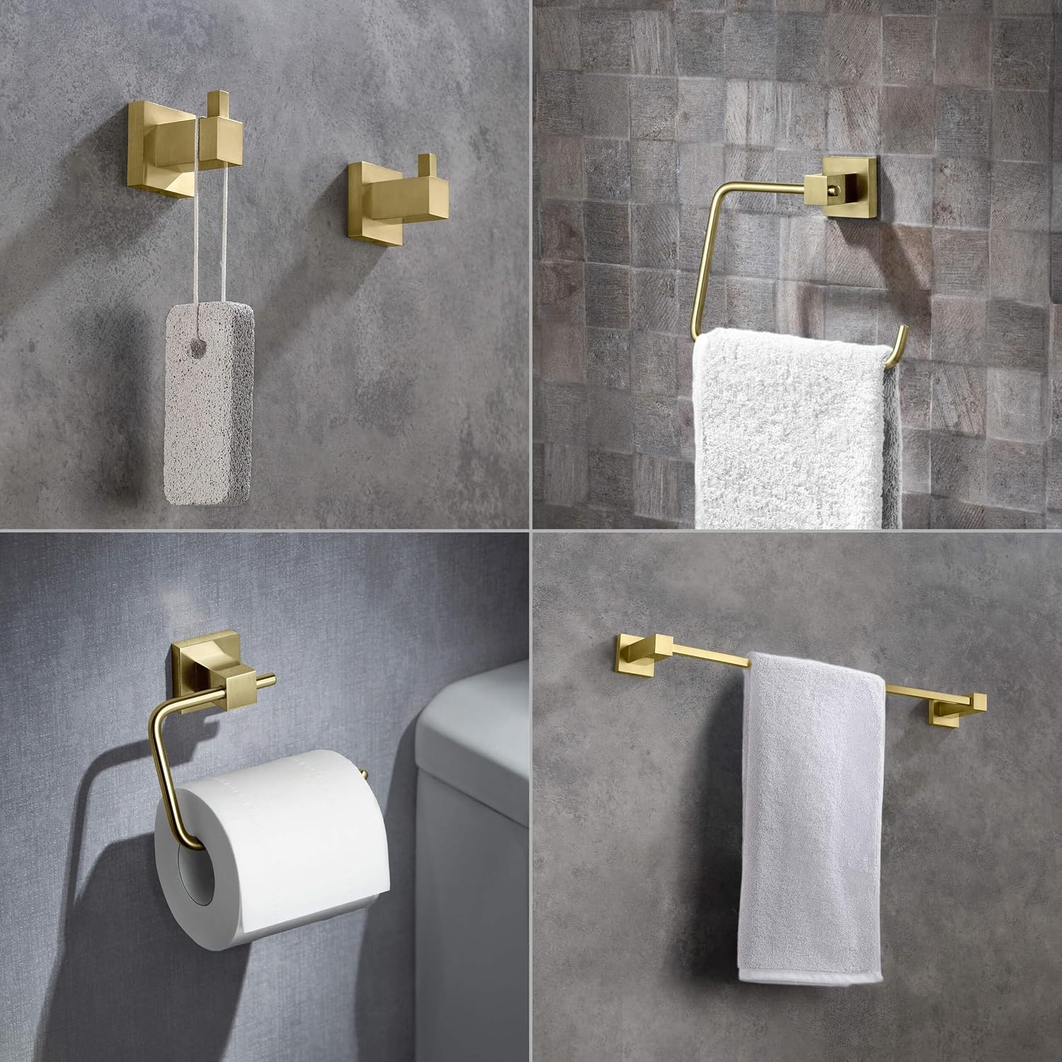 KIBI Cube Bathroom Hardware Set, 5-Piece Accessories Set | 18' Towel Bar, Towel Ring, Toilet Paper Holder, 2 Robe Hooks | Solid Brass Wall Mounted Bathroom Fixtures | Brushed Gold, C-KBA15-5-4