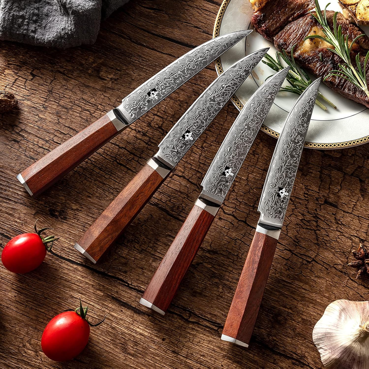 Steak Knives Set of 4 with In-Drawer Knife Block, 5 inch Damascus Steak Knife Set VG-10 Damascus Super Steel 67-Layer Non Serrated Steak Knives with Natural Wood Handle, Gift Box