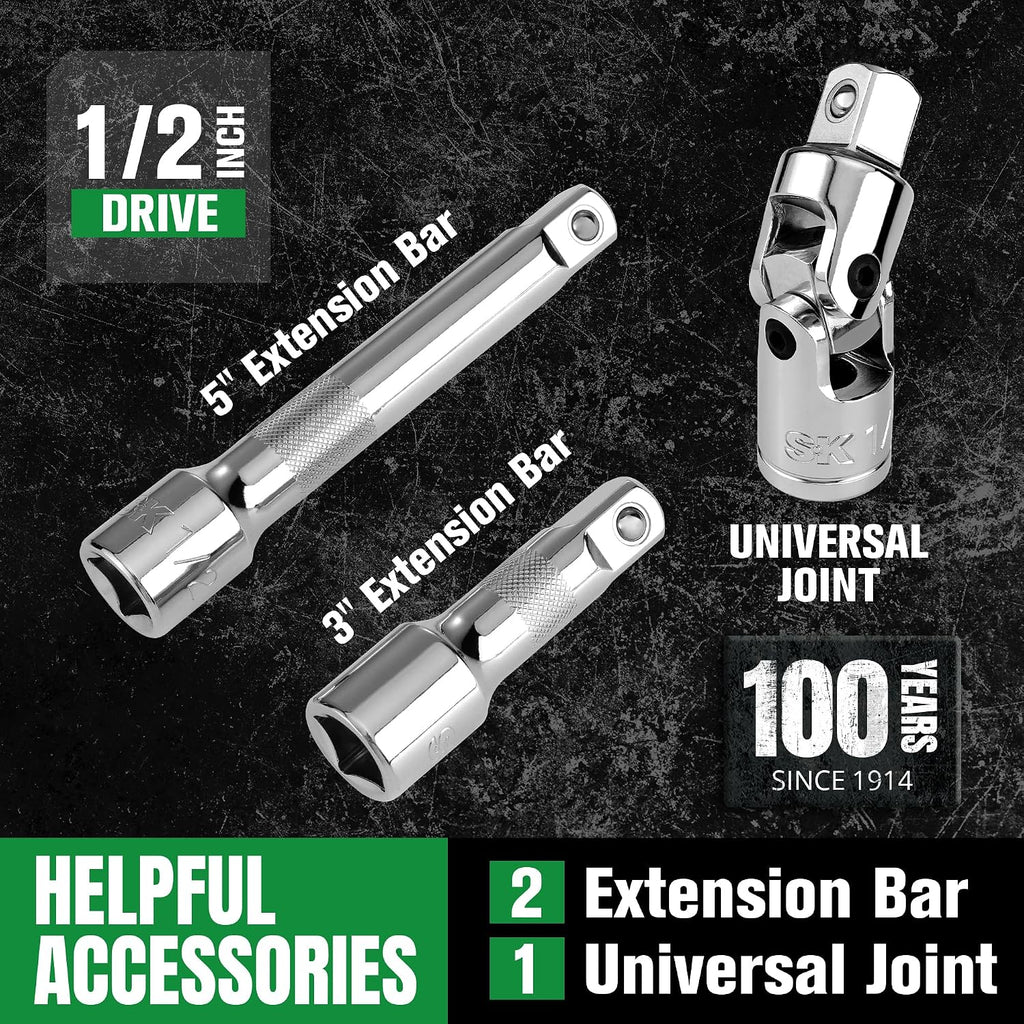 SK 1/2' Drive Socket Set with 160-P Ratchet, 34-Piece, SAE, SuperKrome Finish, Premium CR-V Construction, with EVA Foam Tool Organizer