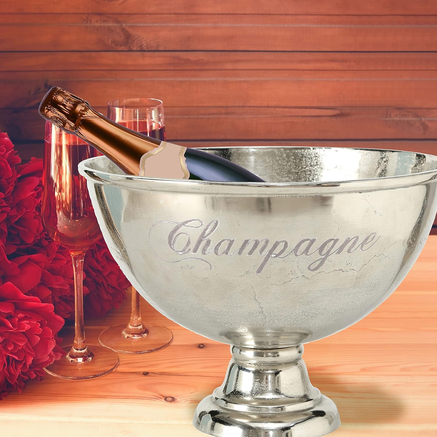 Luxury Champagne Bucket With Old World Panache, Elegant Script Text Details, Hand Cast of Silver Aluminum, Pedestal Base, Party Sized, 18.5 Inches Diameter, 13.5 Inches Tall