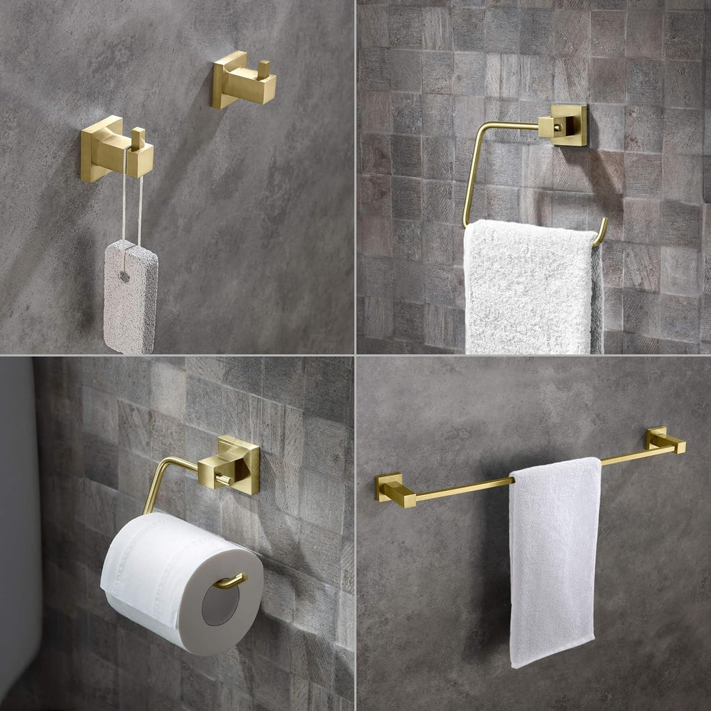 KIBI Cube Bathroom Hardware Set 5 Piece Bathroom Accessories Set | Towel Bar (24'), Towel Ring, Toilet Paper Holder, Robe Hooks (Brushed Gold) (C-KBA15-5-2)