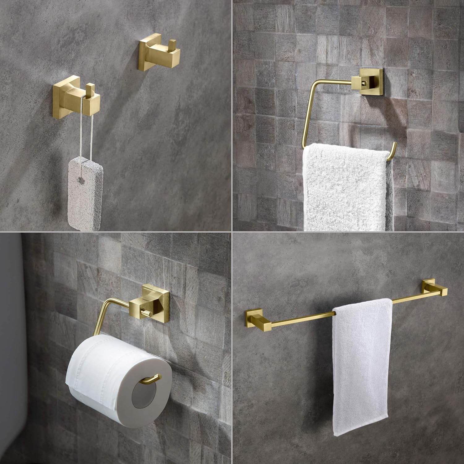 KIBI Cube Bathroom Hardware Set 5 Piece Bathroom Accessories Set | Towel Bar (24'), Towel Ring, Toilet Paper Holder, Robe Hooks (Brushed Gold) (C-KBA15-5-2)