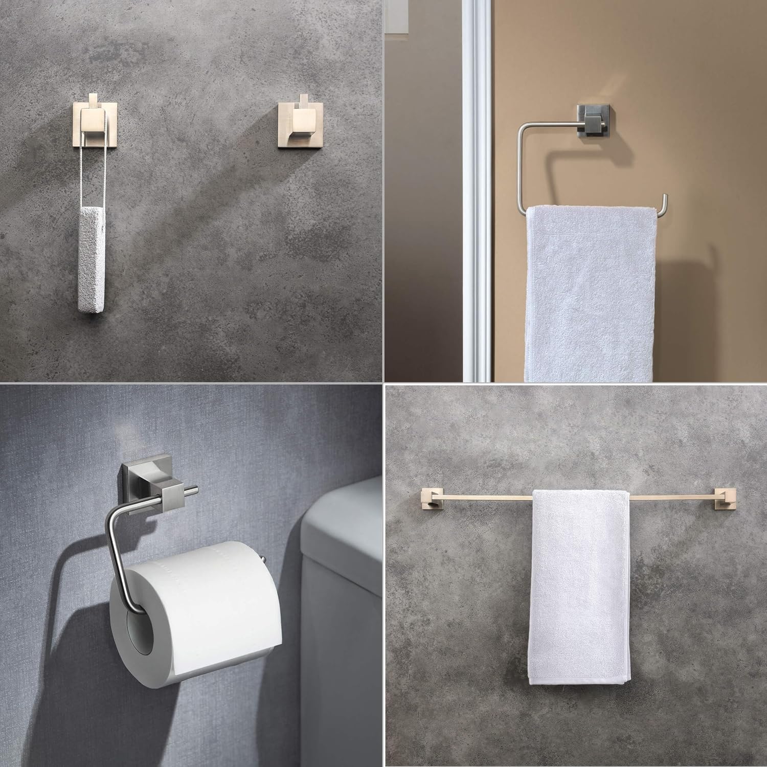 KIBI Cube 5 Piece Brushed Nickel Bathroom Hardware Set | Towel Bar (24'), Towel Ring, Toilet Paper Holder, Robe Hooks | Towel Holder & Toilet Paper Roller for Bathroom (C-KBA15-5-2)