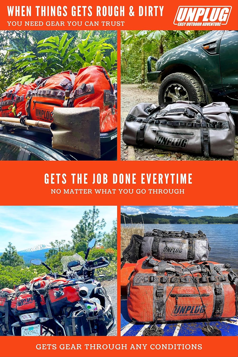 UNPLUG Ultimate Adventure | 1680D Heavy Duty Waterproof Bag | Large Travel Bag which can be Used for Camping, Motorcycling, Boating, or Hunting|155L Storm Grey