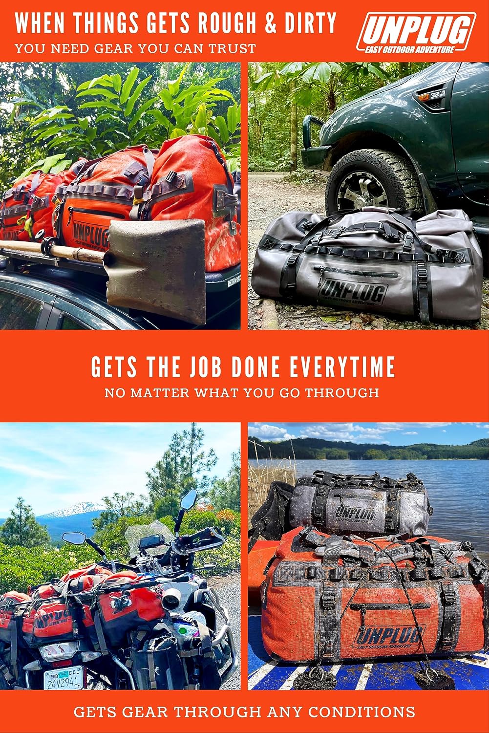 UNPLUG Ultimate Adventure | 1680D Heavy Duty Waterproof Bag | Large Travel Bag which can be Used for Camping, Motorcycling, Boating, or Hunting|110L Storm Grey